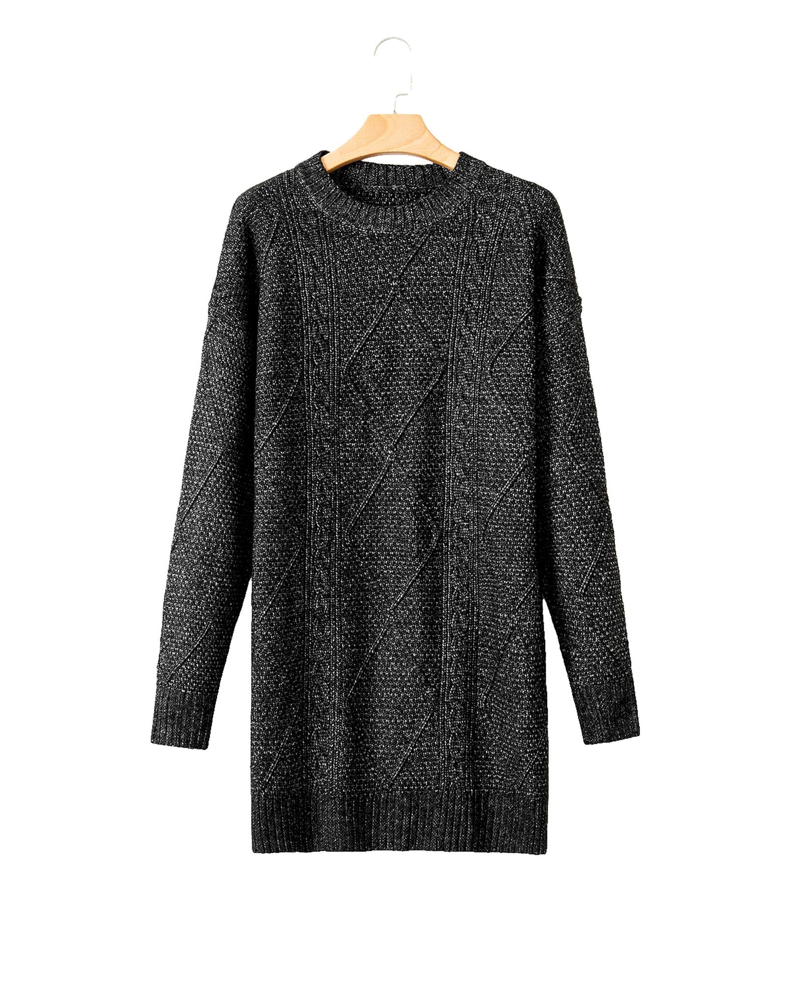 Black Cable Knit Drop Shoulder Loose Fit Sweater Dress - M