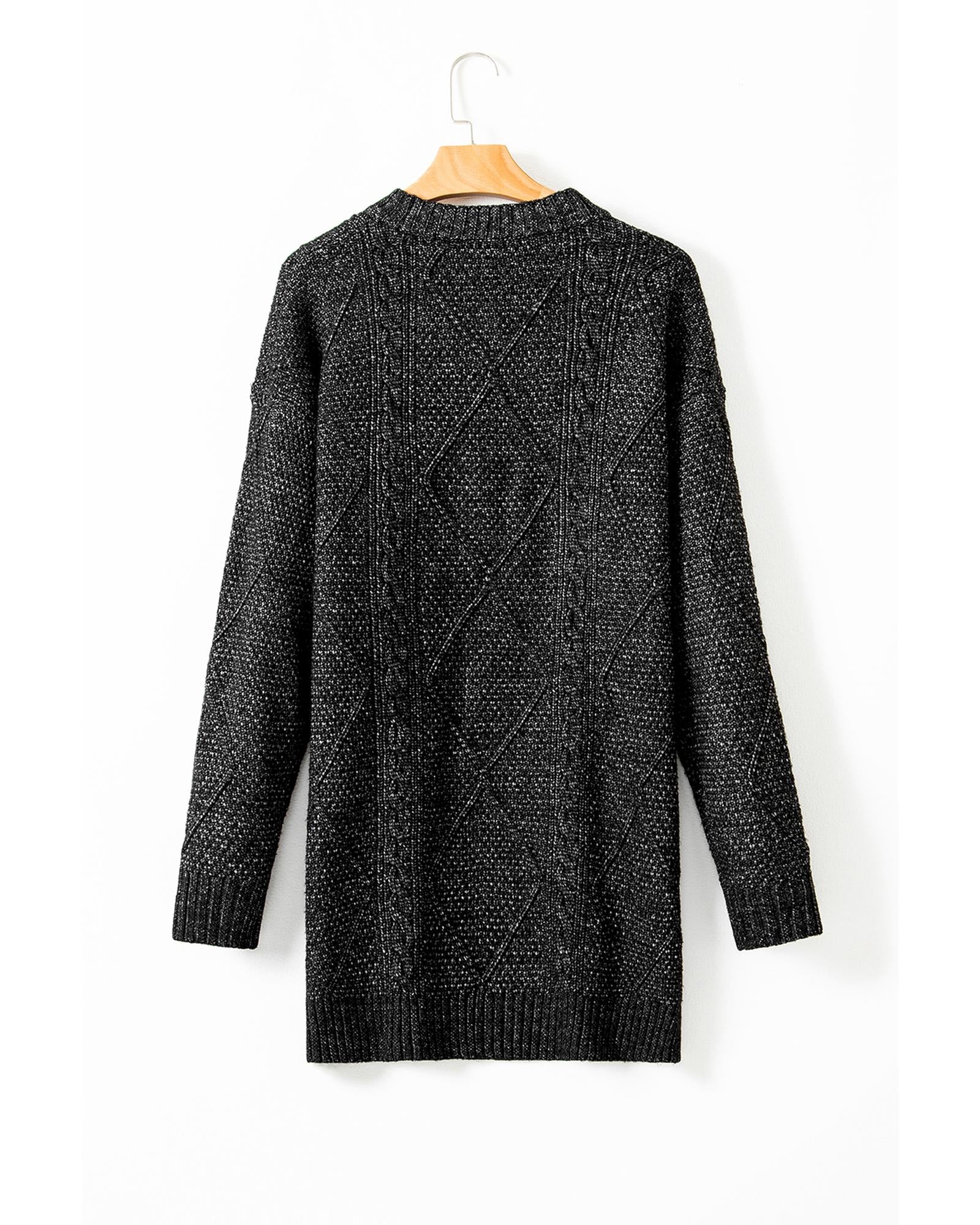 Black Cable Knit Drop Shoulder Loose Fit Sweater Dress - S
