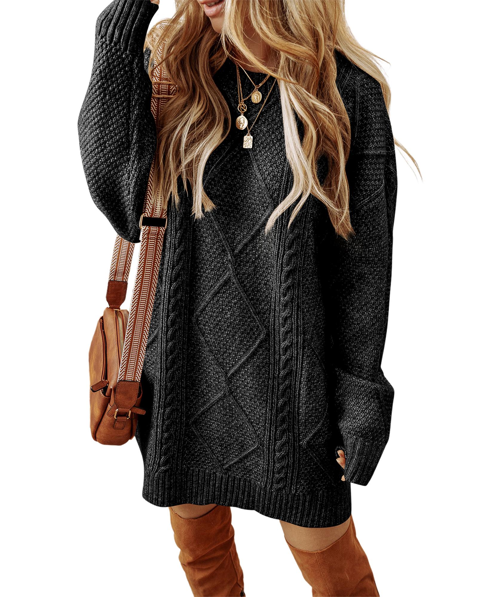 Black Cable Knit Drop Shoulder Loose Fit Sweater Dress - XL