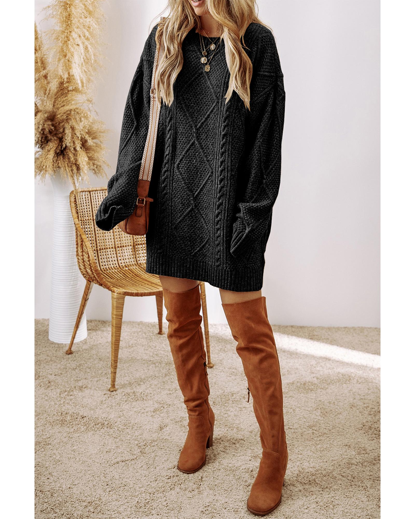 Black Cable Knit Drop Shoulder Loose Fit Sweater Dress - XL