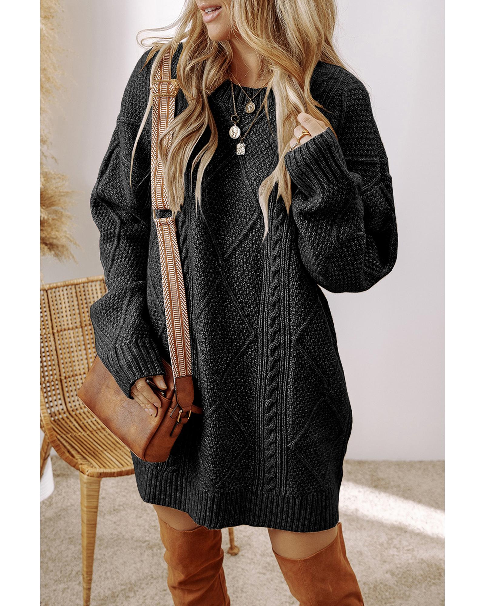 Black Cable Knit Drop Shoulder Loose Fit Sweater Dress - XL