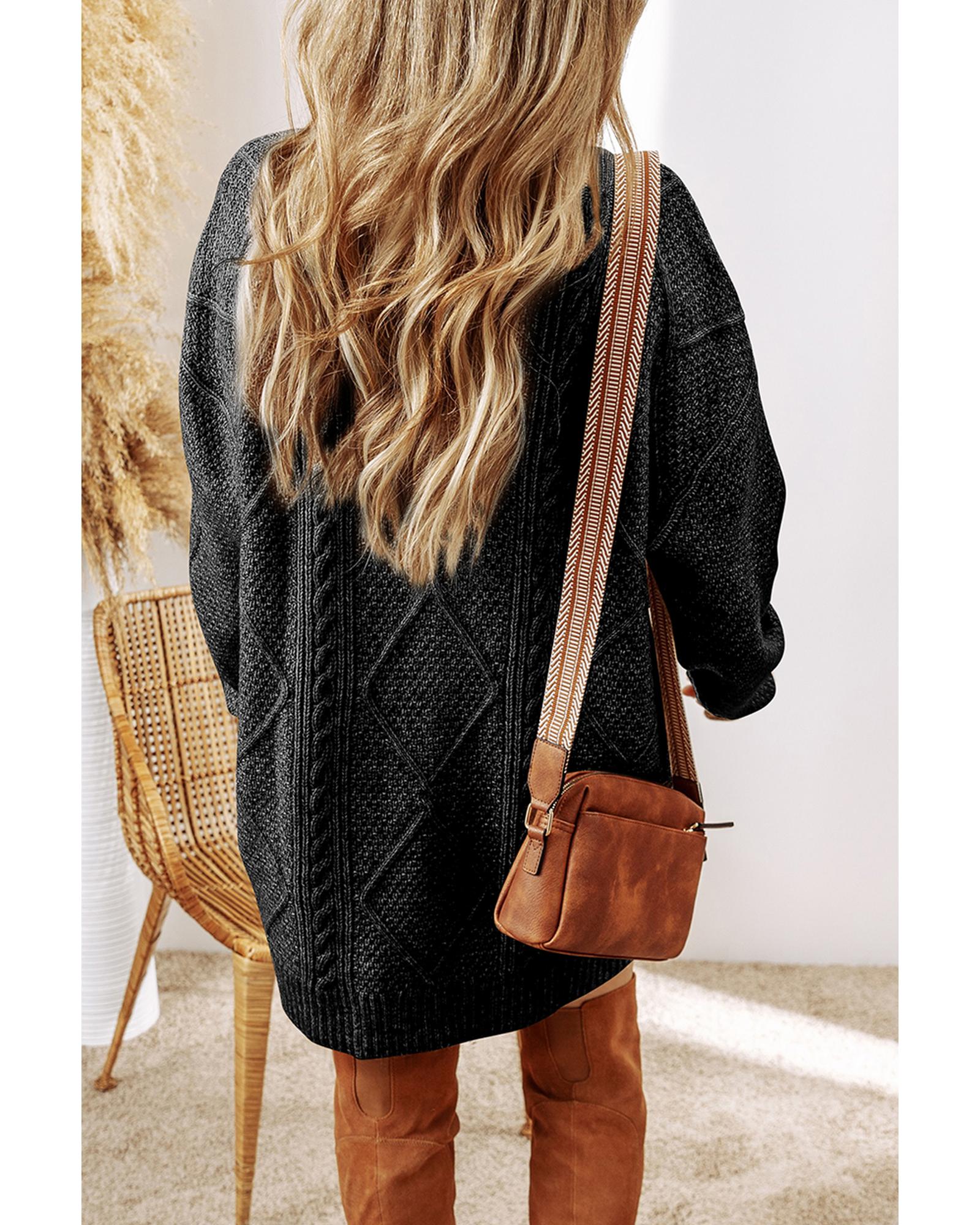 Black Cable Knit Drop Shoulder Loose Fit Sweater Dress - XL