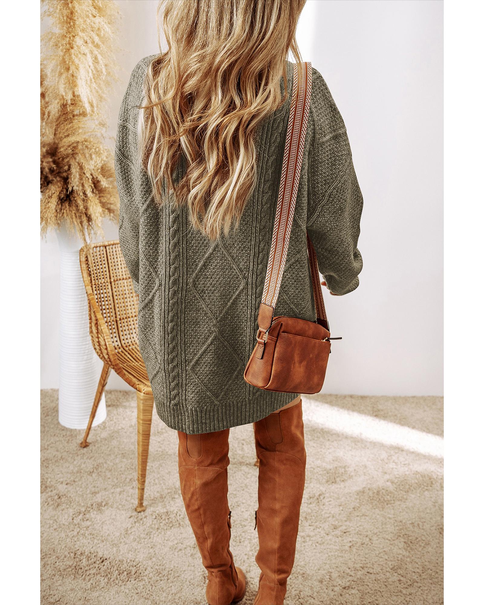 Mist Green Cable Knit Drop Shoulder Loose Fit Sweater Dress - L