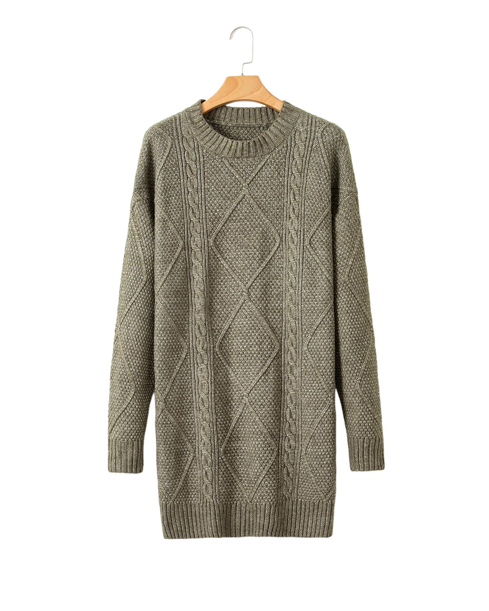 Mist Green Cable Knit Drop Shoulder Loose Fit Sweater Dress - L