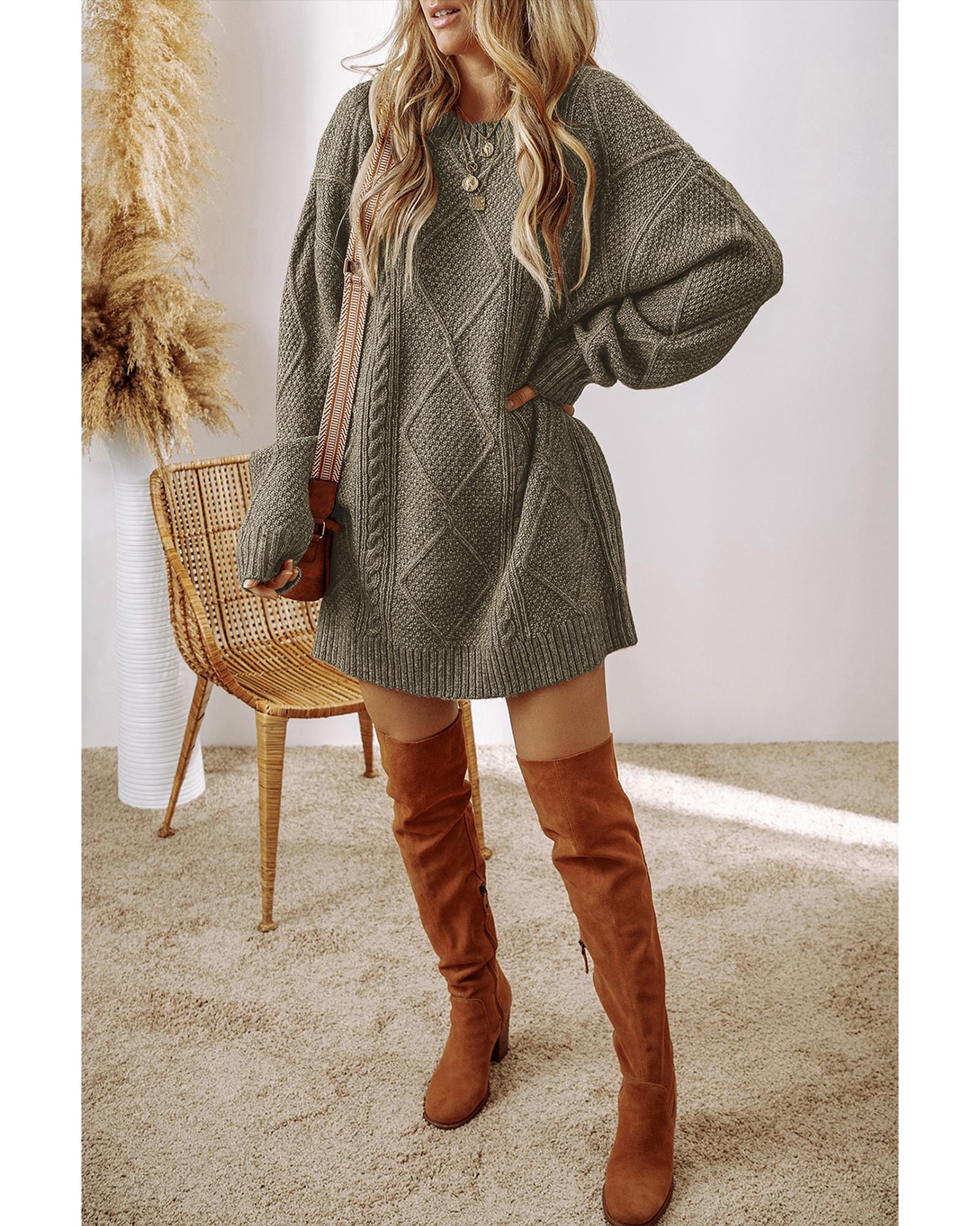 Mist Green Cable Knit Drop Shoulder Loose Fit Sweater Dress - L