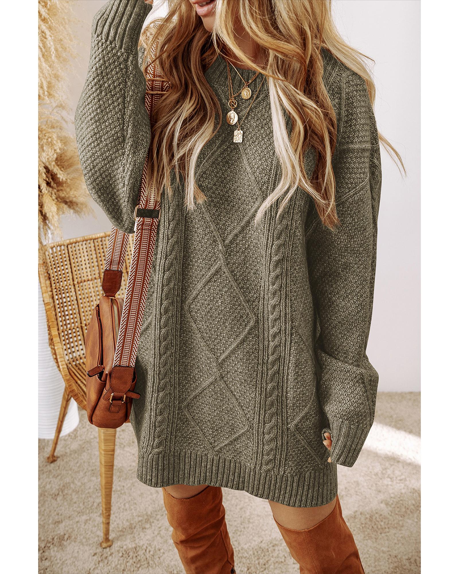 Mist Green Cable Knit Drop Shoulder Loose Fit Sweater Dress - L