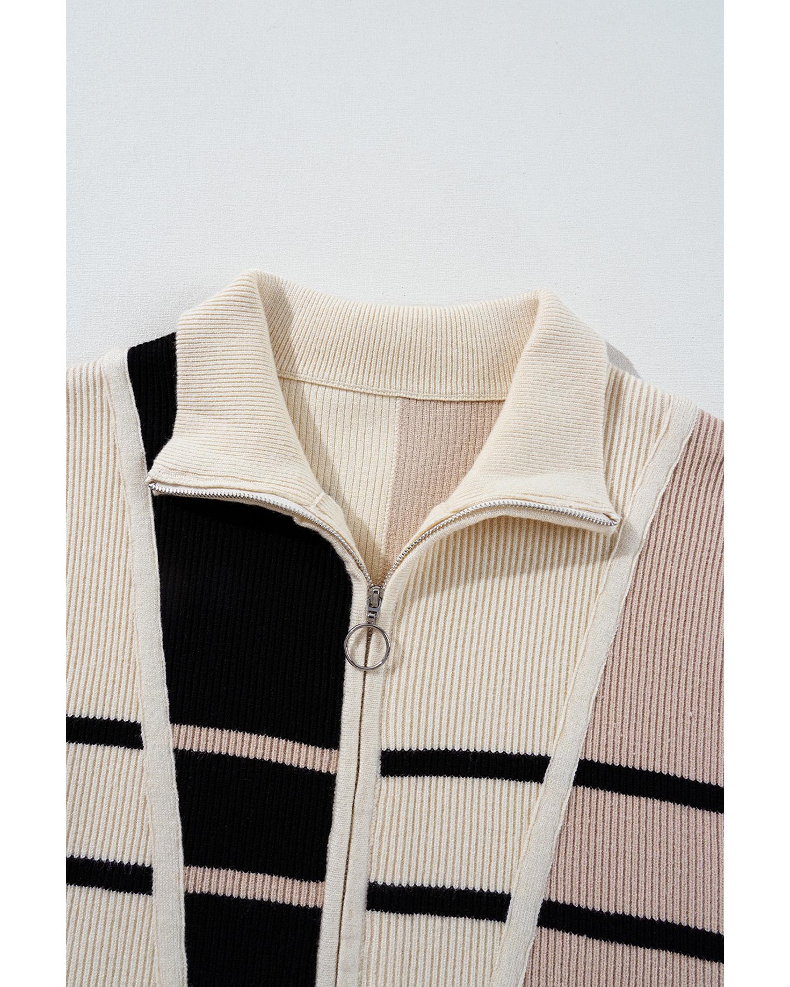 Khaki Stripe Color Block Quarter Zip Collar Short Sleeve Sweater Dress - M