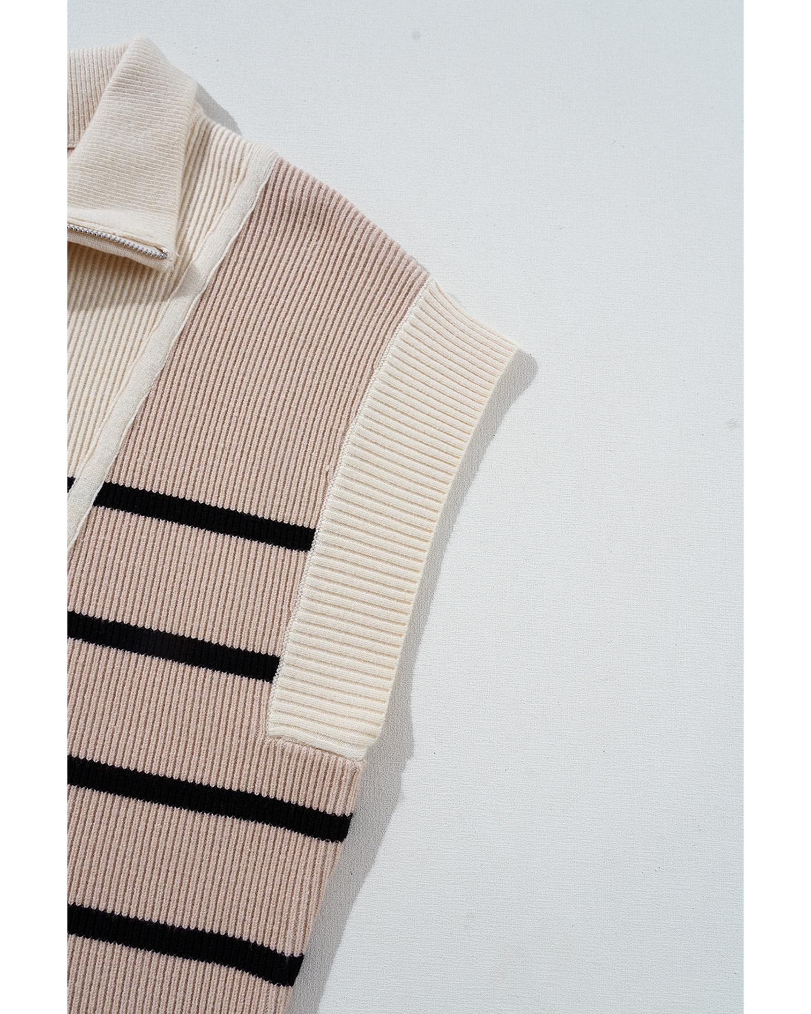 Khaki Stripe Color Block Quarter Zip Collar Short Sleeve Sweater Dress - S