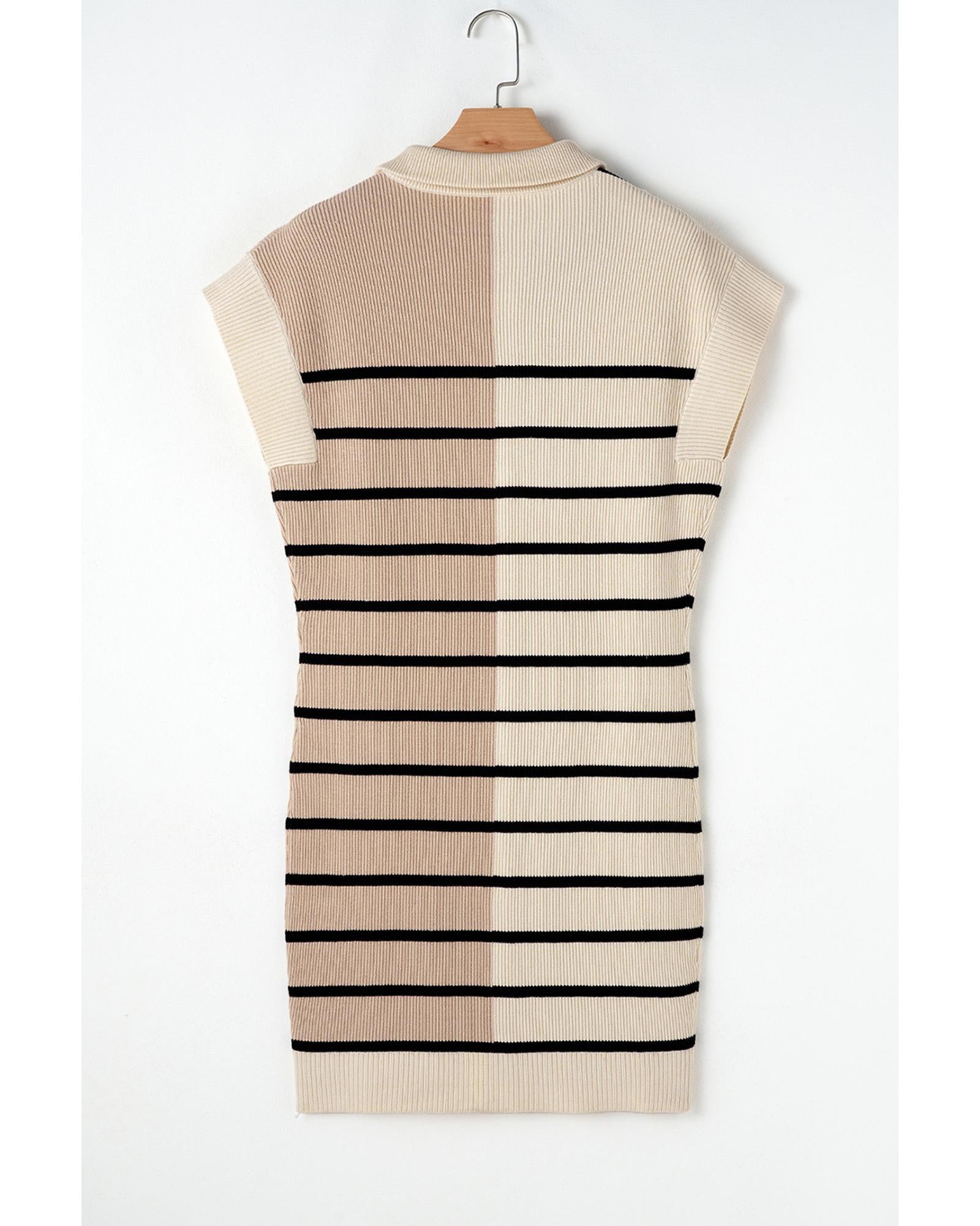 Khaki Stripe Color Block Quarter Zip Collar Short Sleeve Sweater Dress - XL