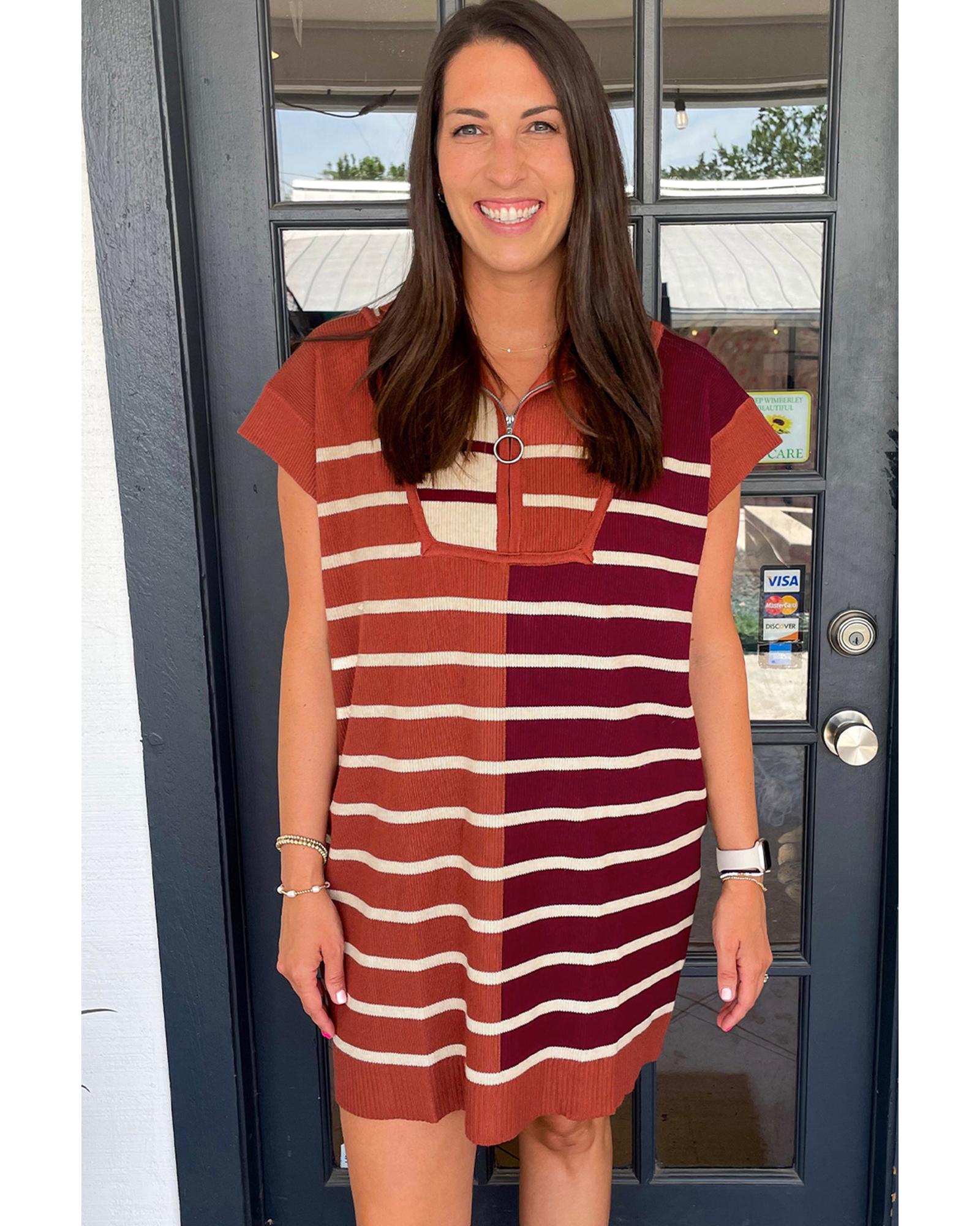 Brown Stripe Color Block Quarter Zip Collar Short Sleeve Sweater Dress - 2XL