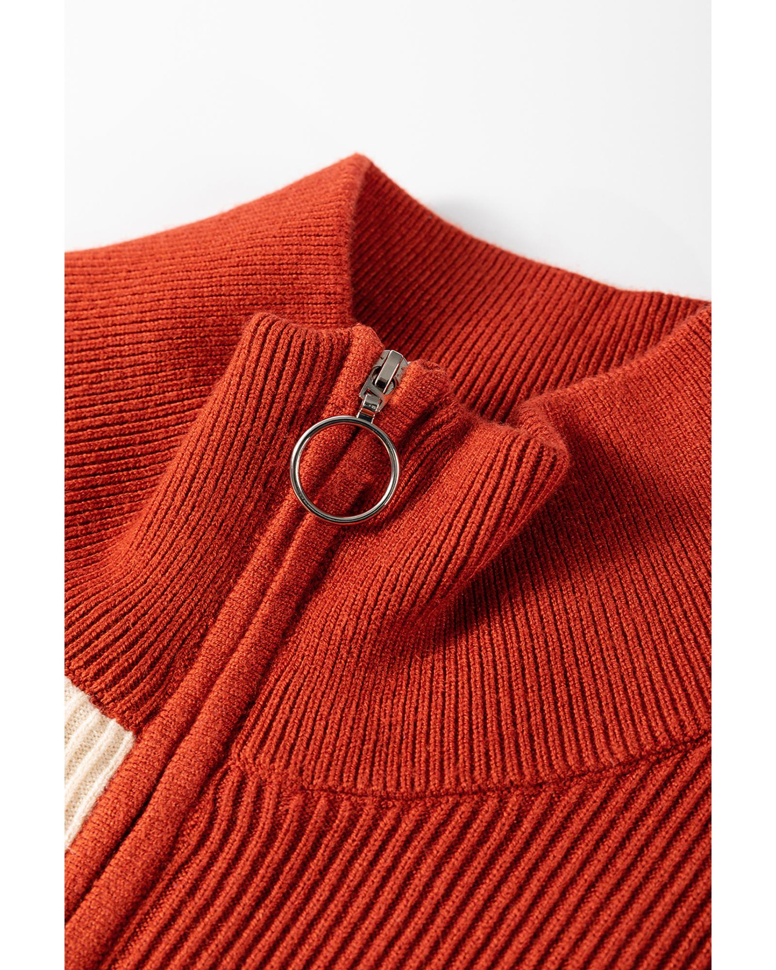 Brown Stripe Color Block Quarter Zip Collar Short Sleeve Sweater Dress - 2XL