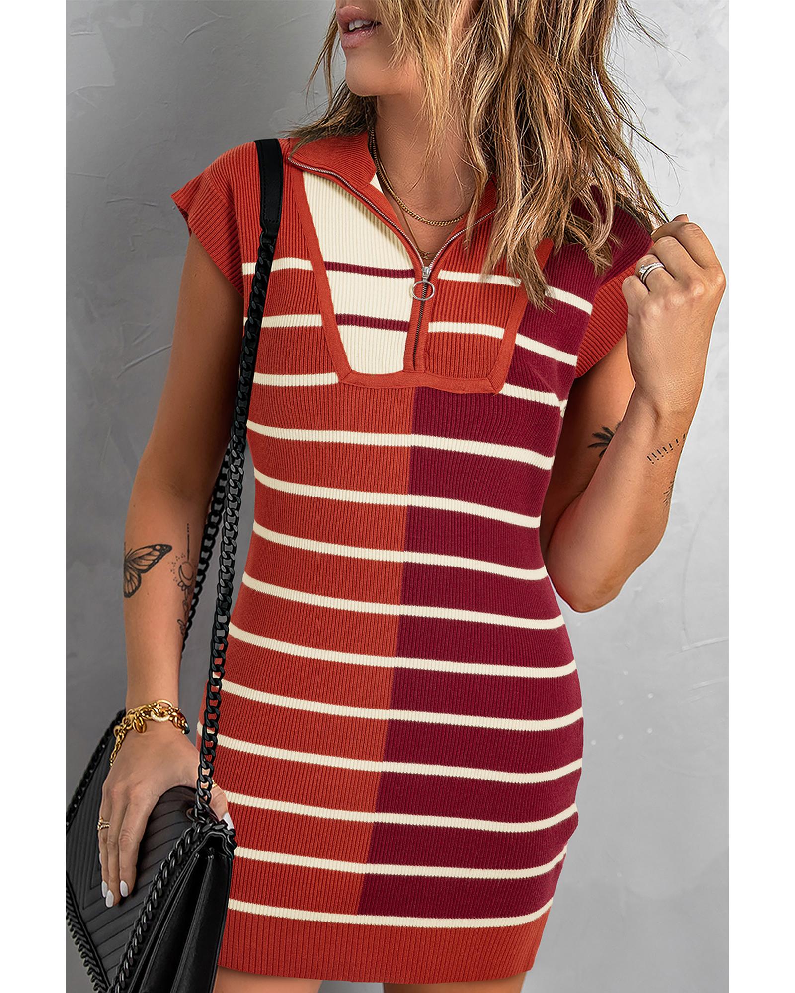 Brown Stripe Color Block Quarter Zip Collar Short Sleeve Sweater Dress - L