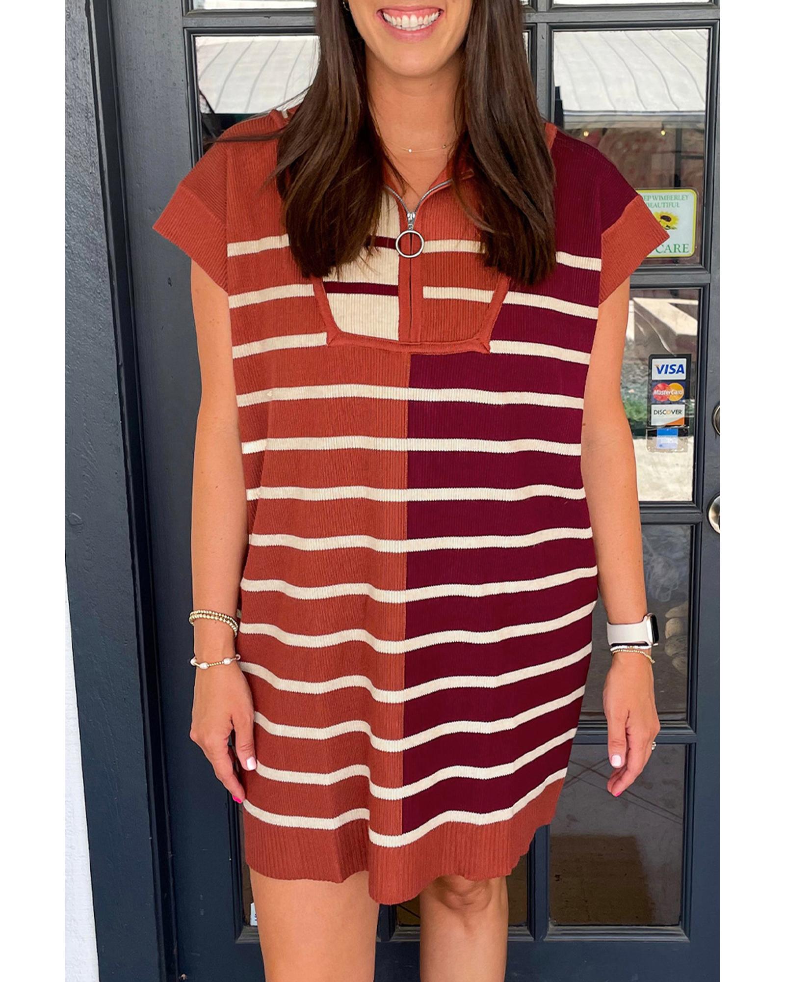 Brown Stripe Color Block Quarter Zip Collar Short Sleeve Sweater Dress - L