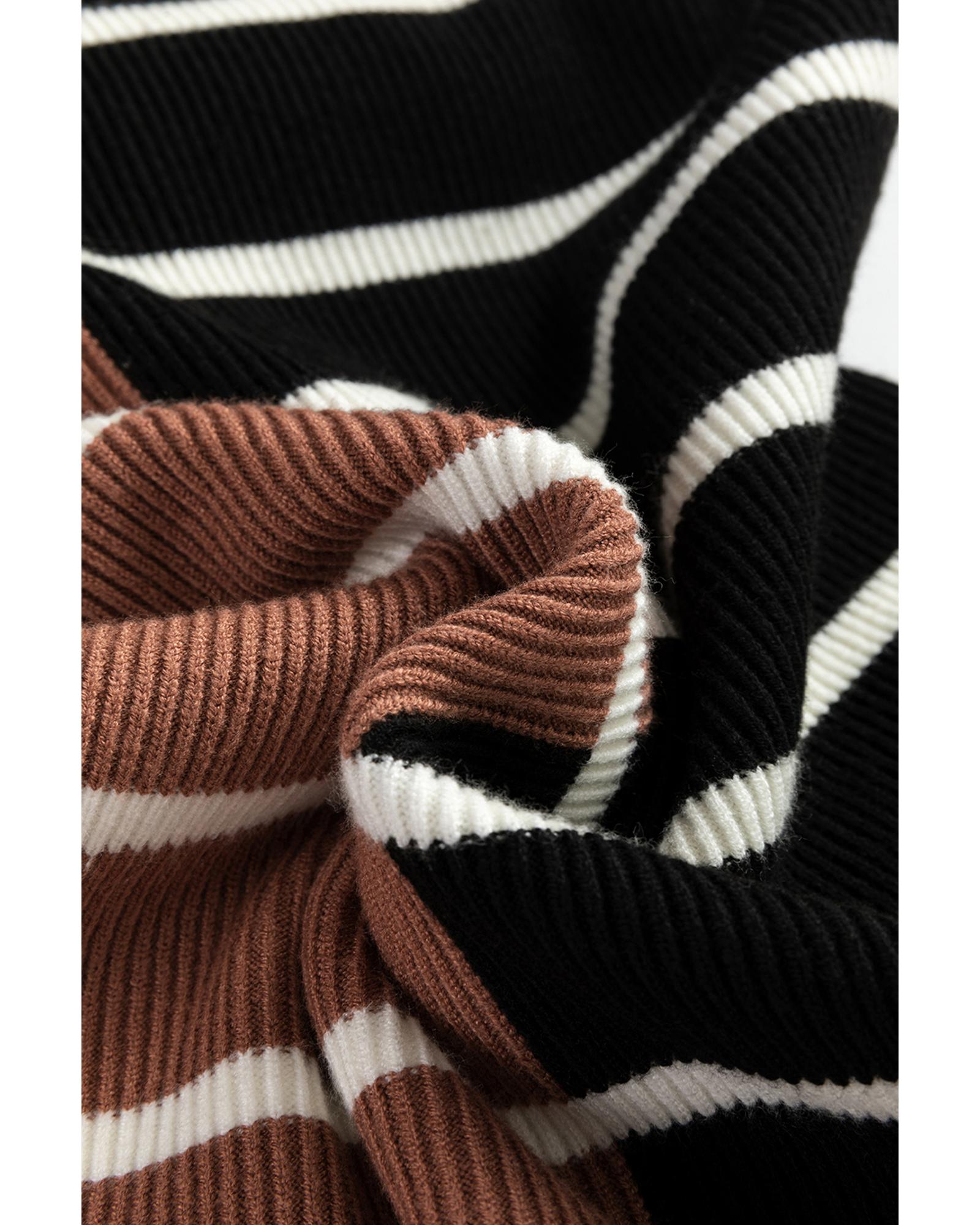 Black Stripe Color Block Quarter Zip Collar Short Sleeve Sweater Dress - L