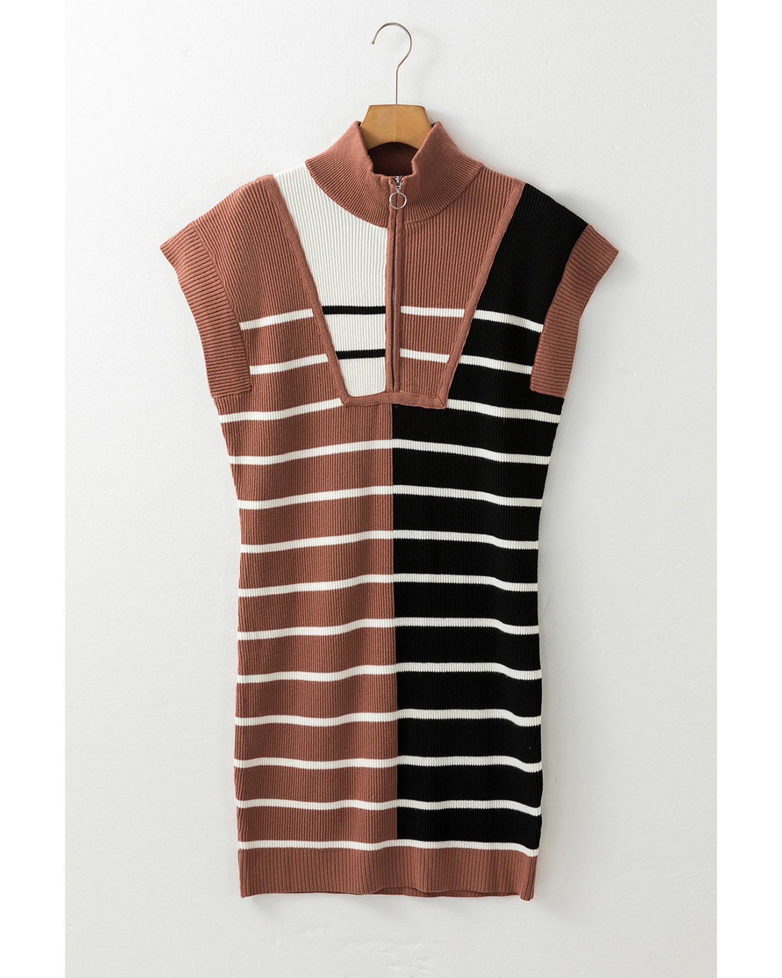 Black Stripe Color Block Quarter Zip Collar Short Sleeve Sweater Dress - L