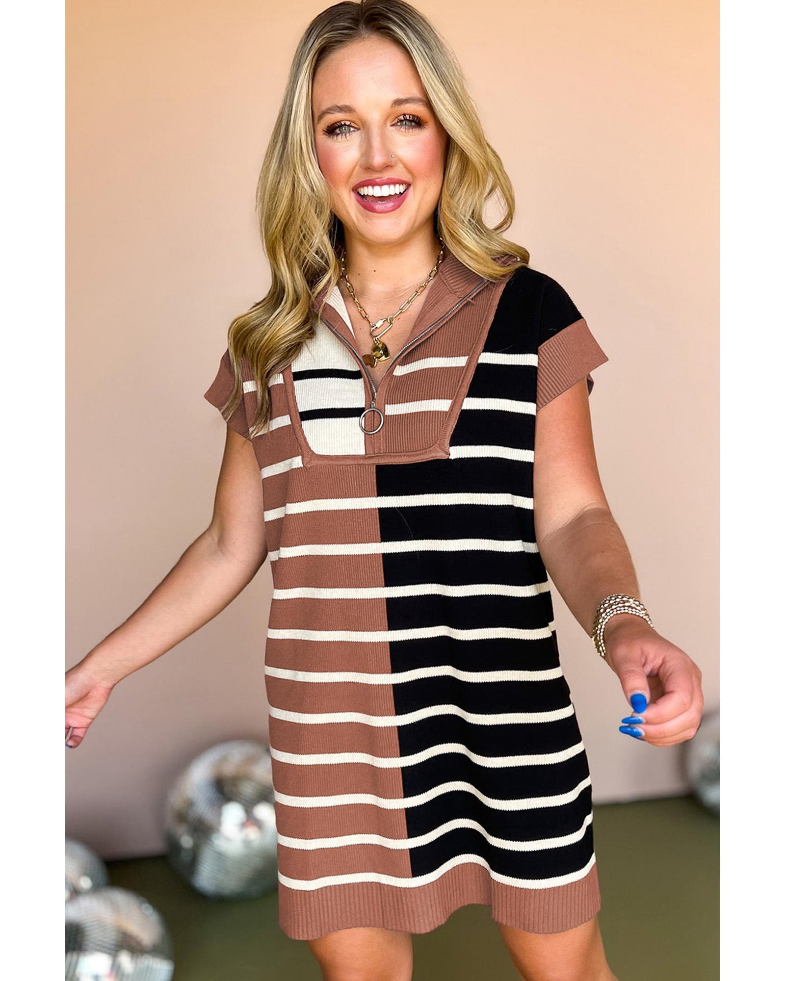 Black Stripe Color Block Quarter Zip Collar Short Sleeve Sweater Dress - L