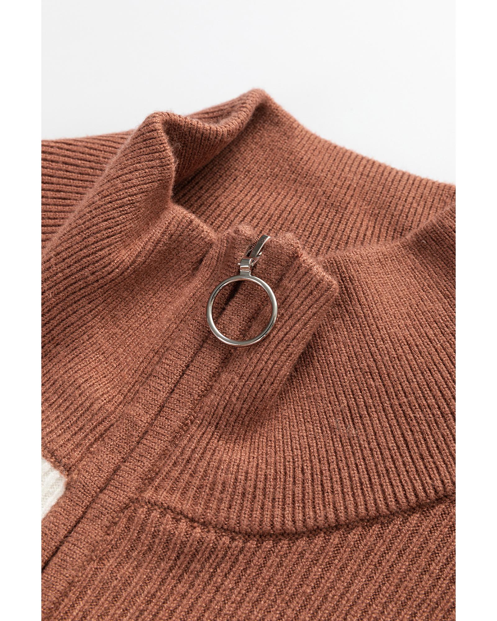 Black Stripe Color Block Quarter Zip Collar Short Sleeve Sweater Dress - L