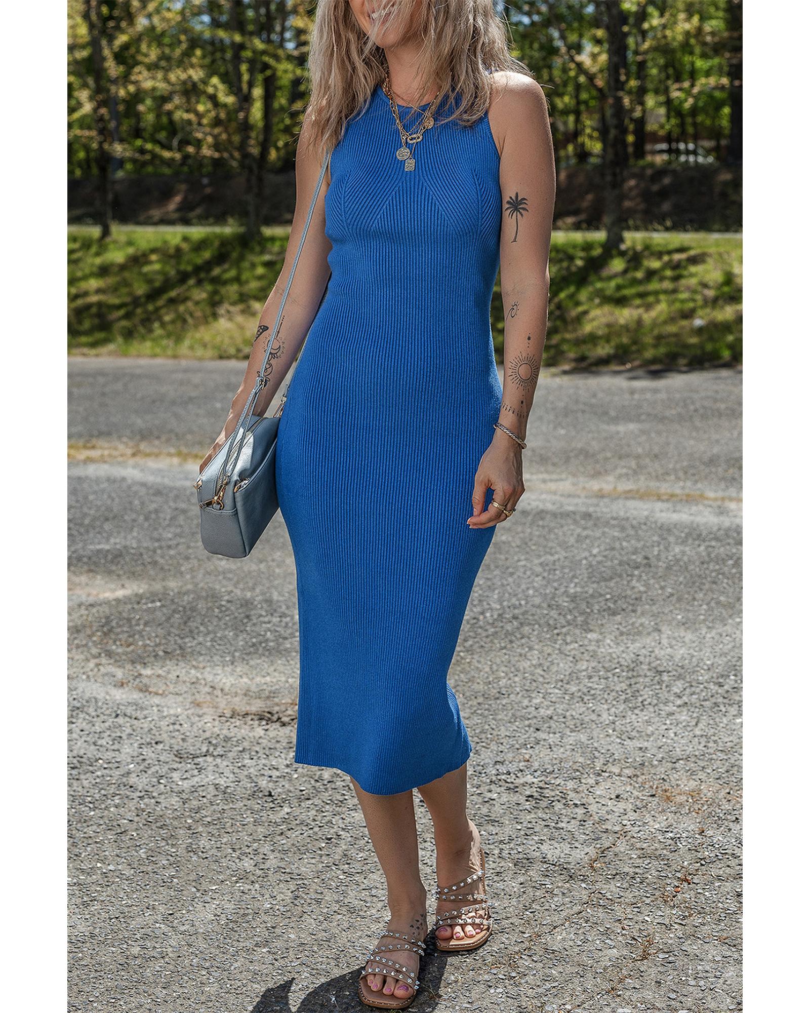 Dark Blue Solid Ribbed Knit Sheath Sleeveless Midi Sweater Dress - M