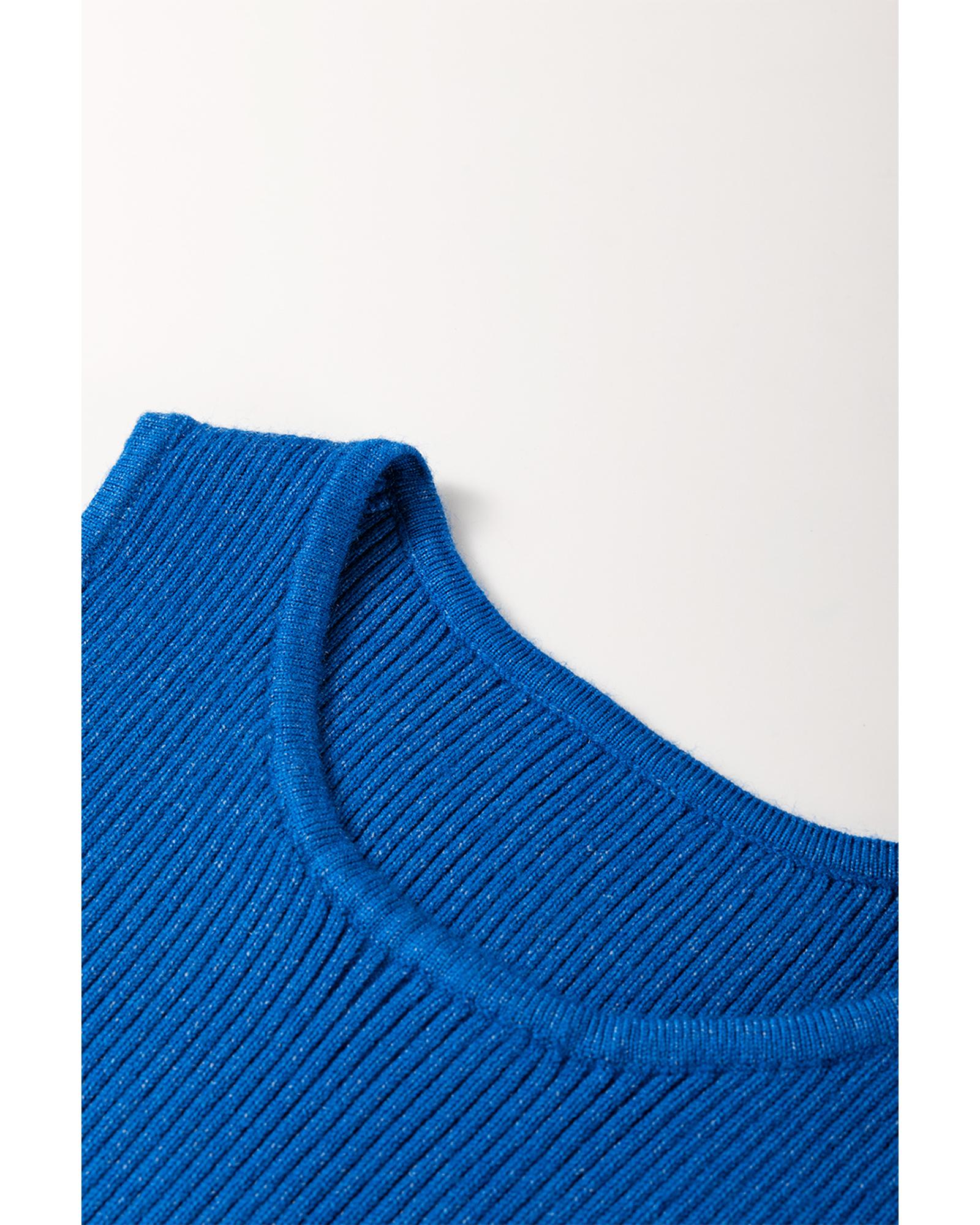 Dark Blue Solid Ribbed Knit Sheath Sleeveless Midi Sweater Dress - M