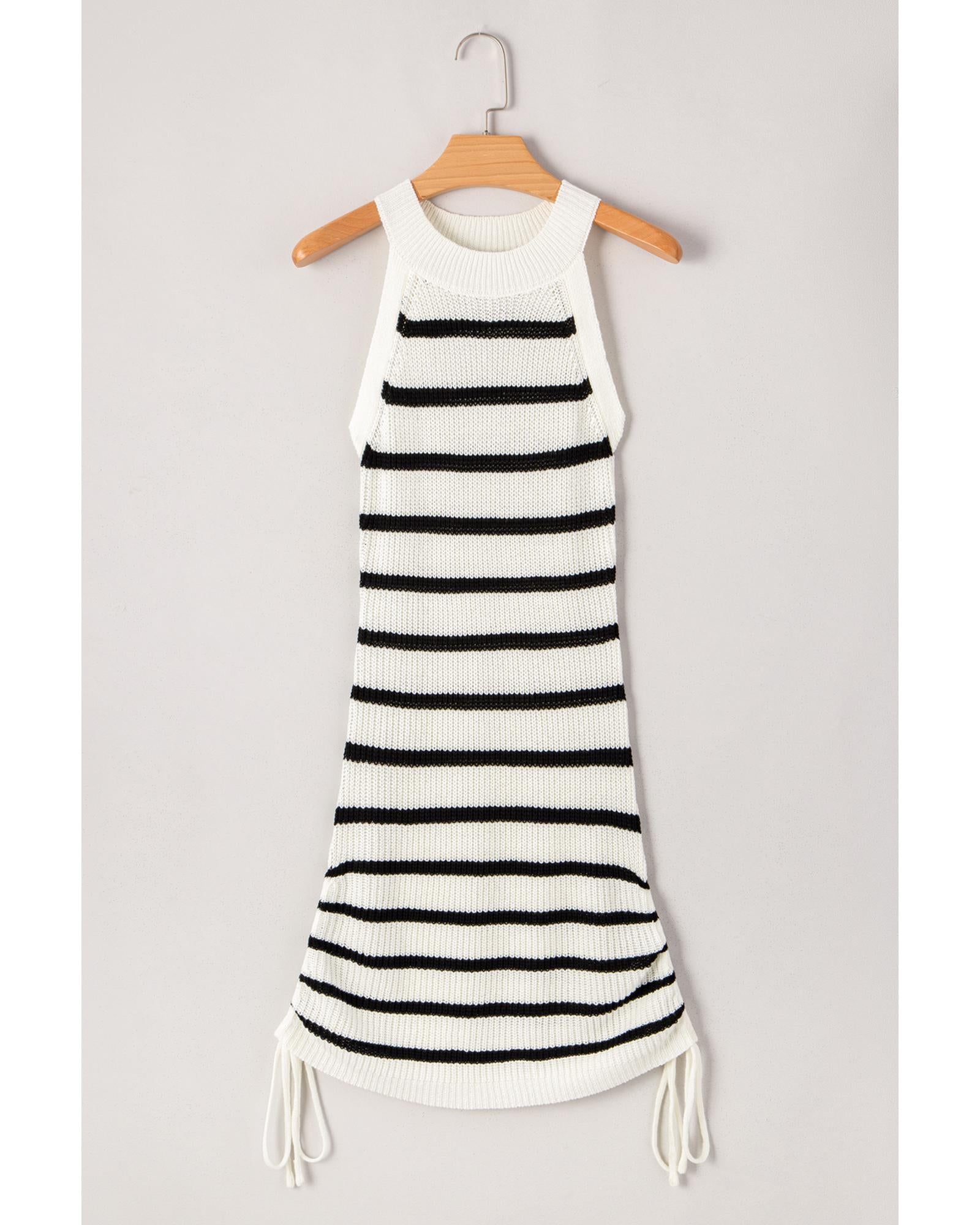 Black Stripe Knitted Drawstring Detail Sleeveless Dress - XL