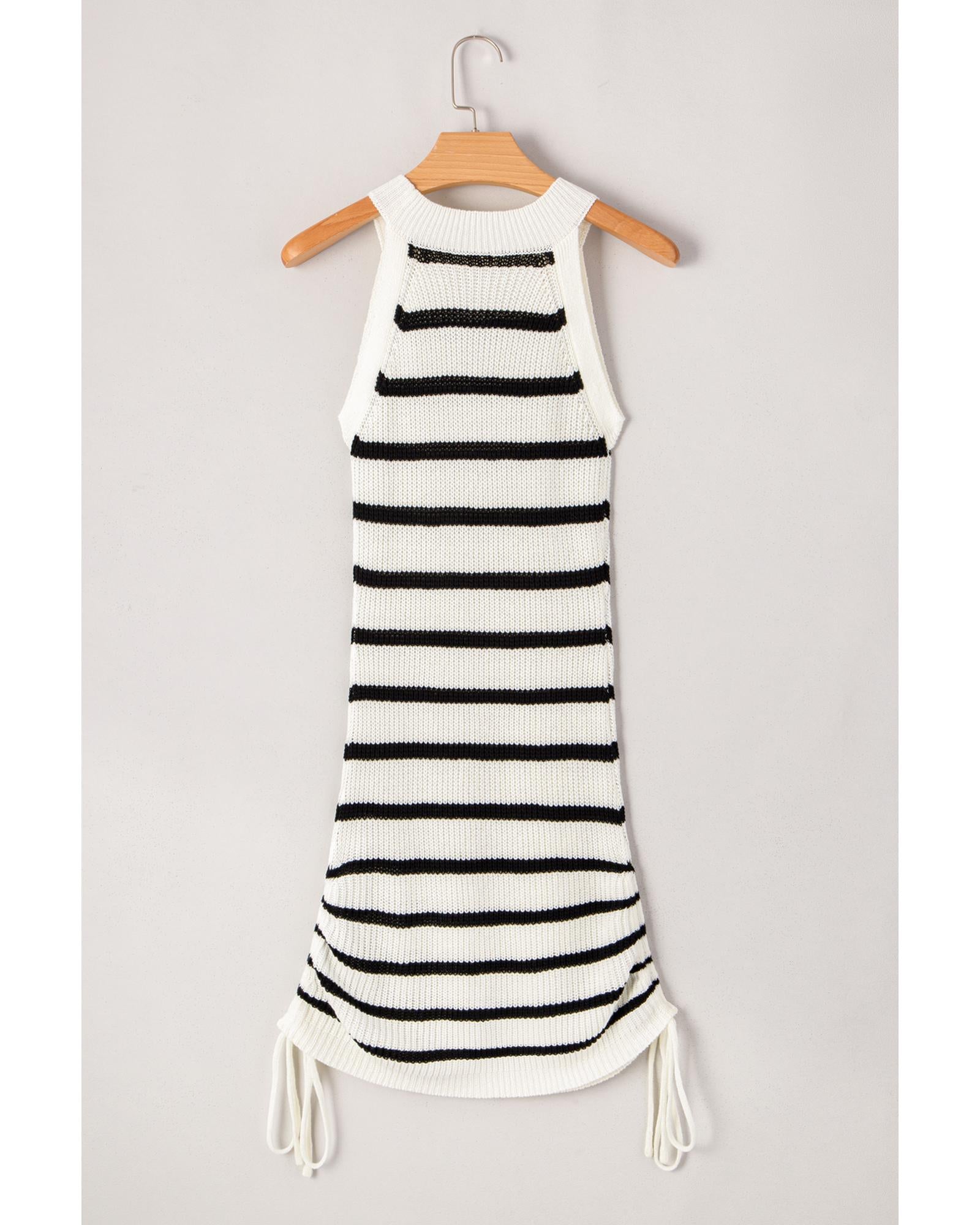 Black Stripe Knitted Drawstring Detail Sleeveless Dress - XL
