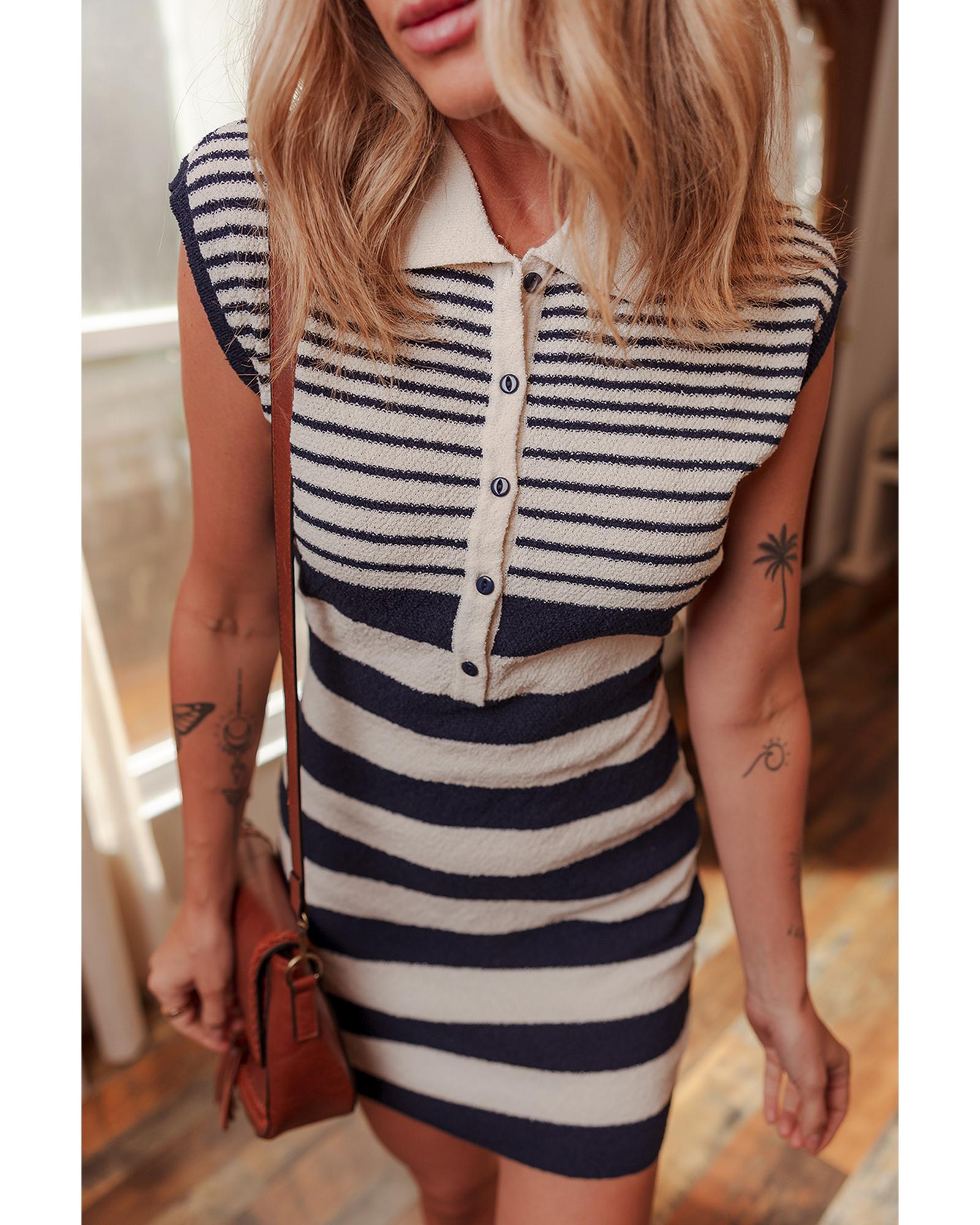 Black Mixed Striped Print Half Placket Collared Cap Sleeve Bodycon Sweater Dress - M