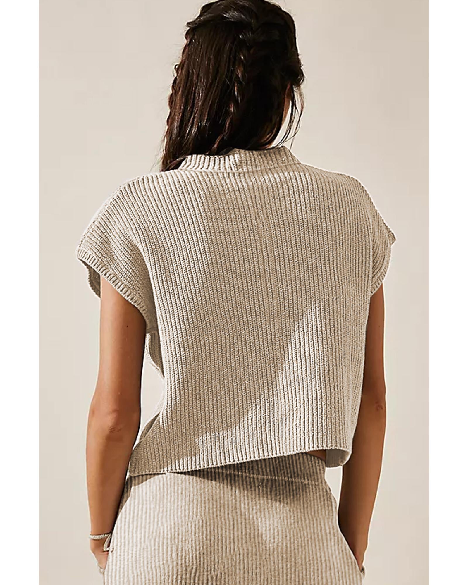 Apricot Chest Pocket V Neck Ribbed Cap Sleeve Sweater - M