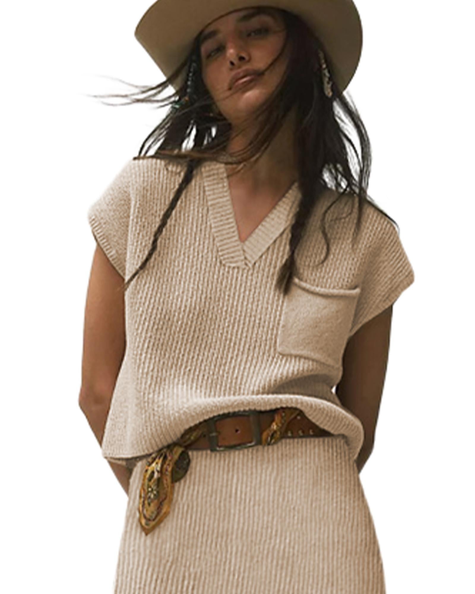 Apricot Chest Pocket V Neck Ribbed Cap Sleeve Sweater - XL