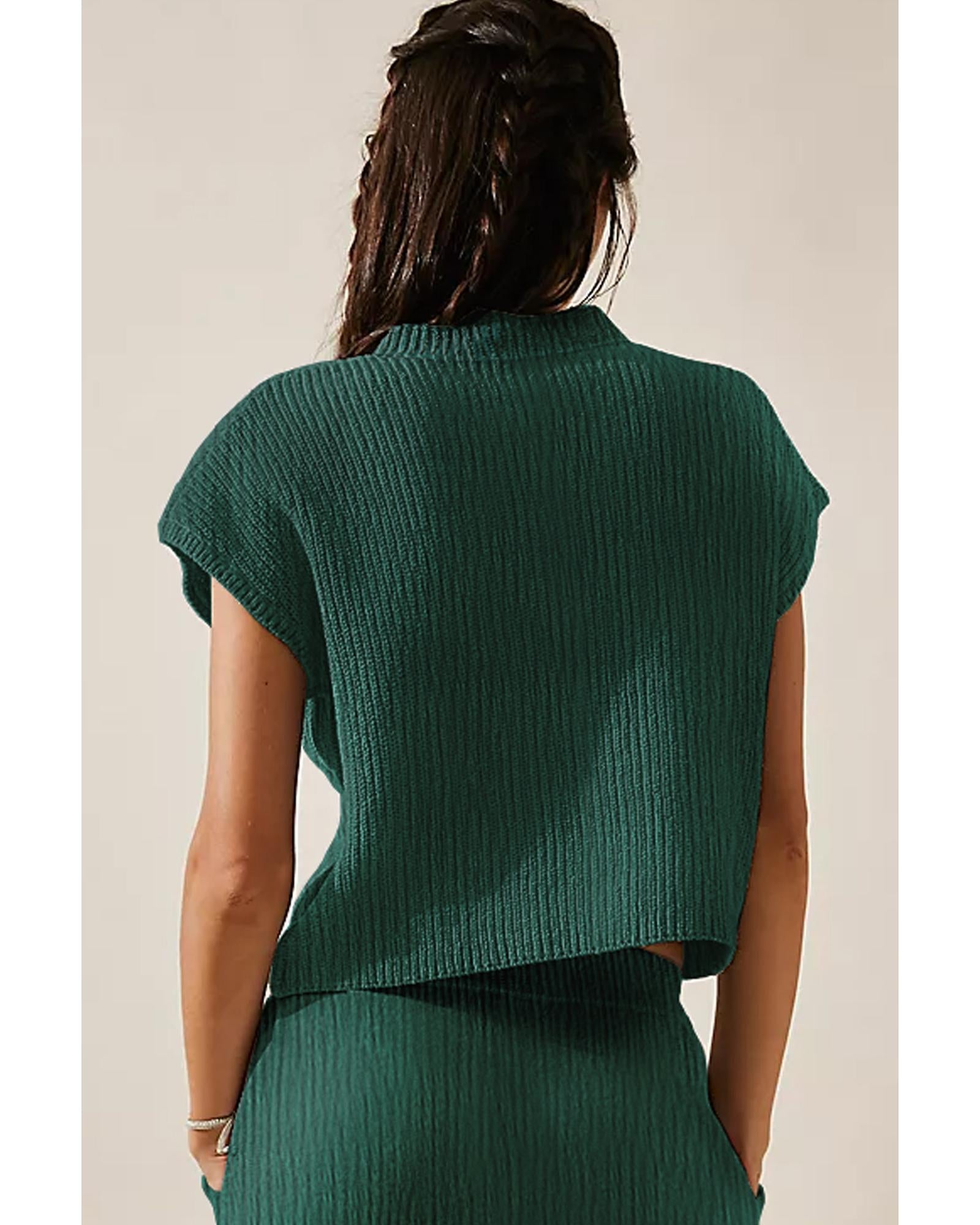 Blackish Green Chest Pocket V Neck Ribbed Cap Sleeve Sweater - M