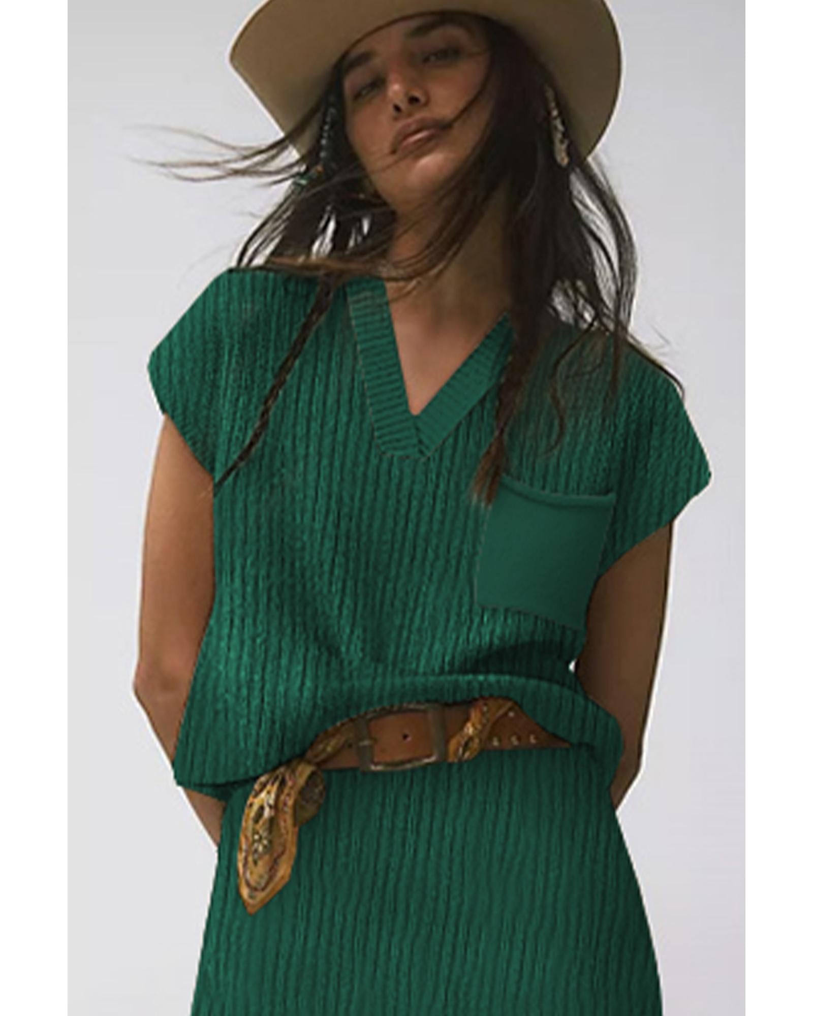 Blackish Green Chest Pocket V Neck Ribbed Cap Sleeve Sweater - S