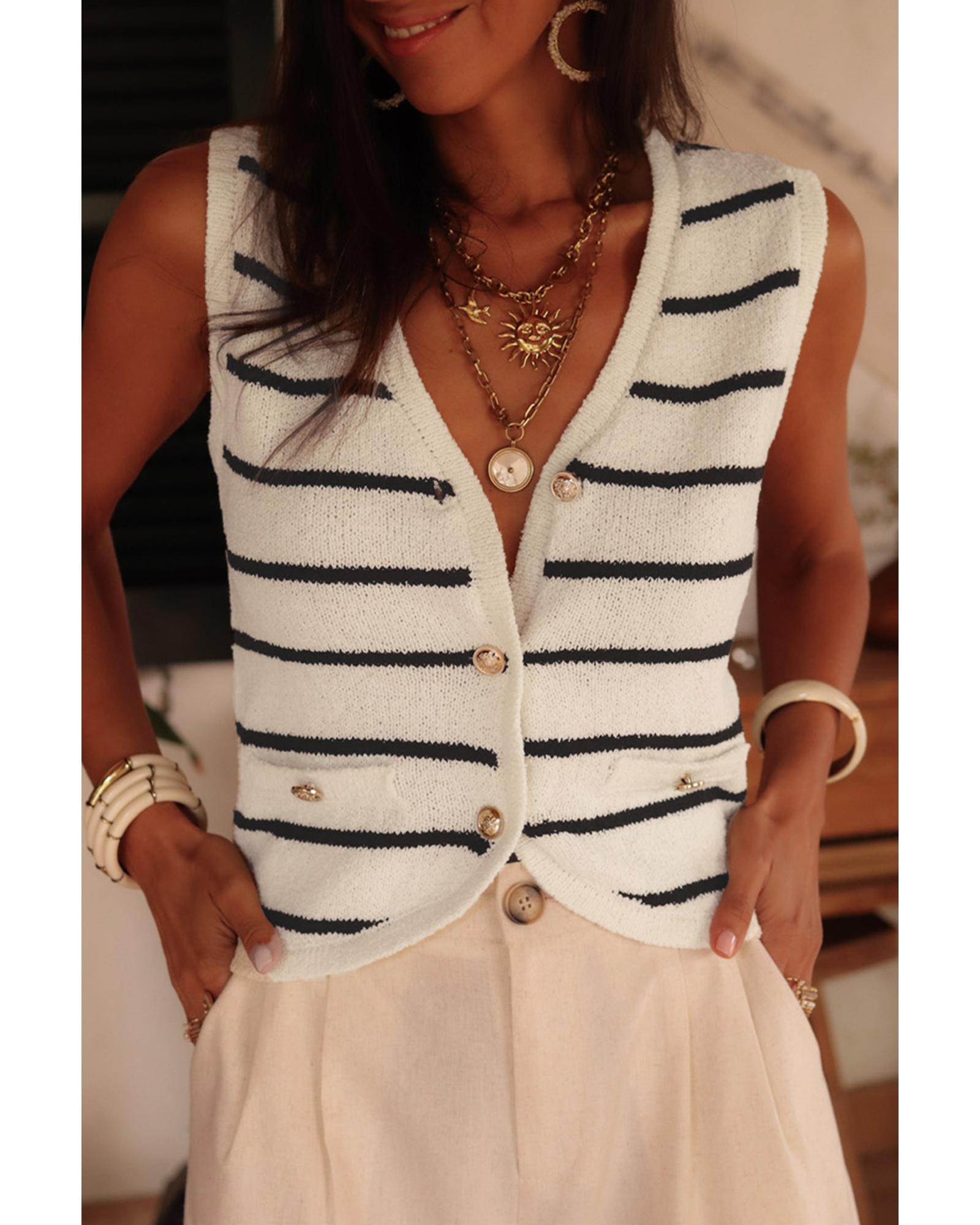 Black Stripe Buttoned V Neck Slim Fit Sweater Vest - L