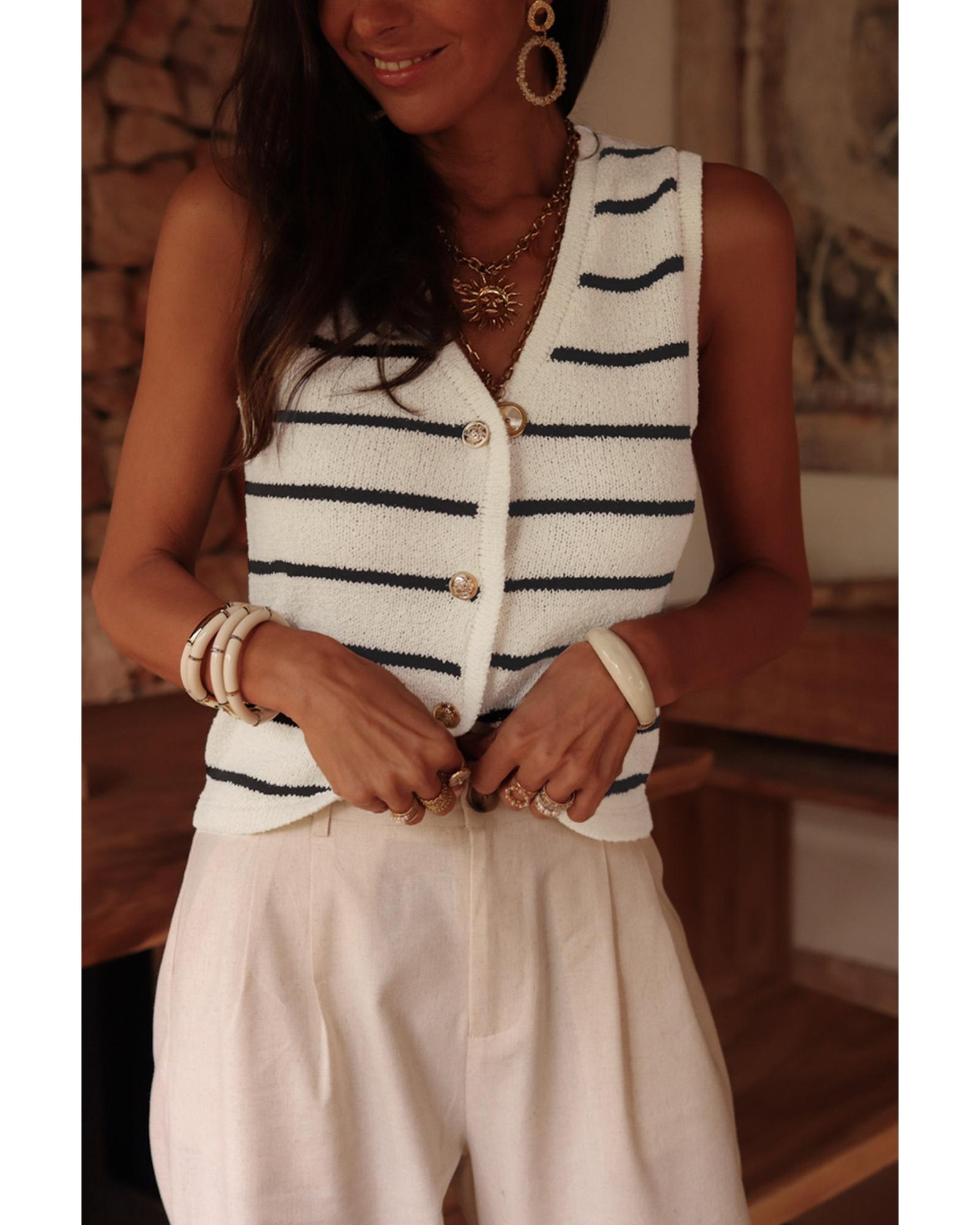 Black Stripe Buttoned V Neck Slim Fit Sweater Vest - L
