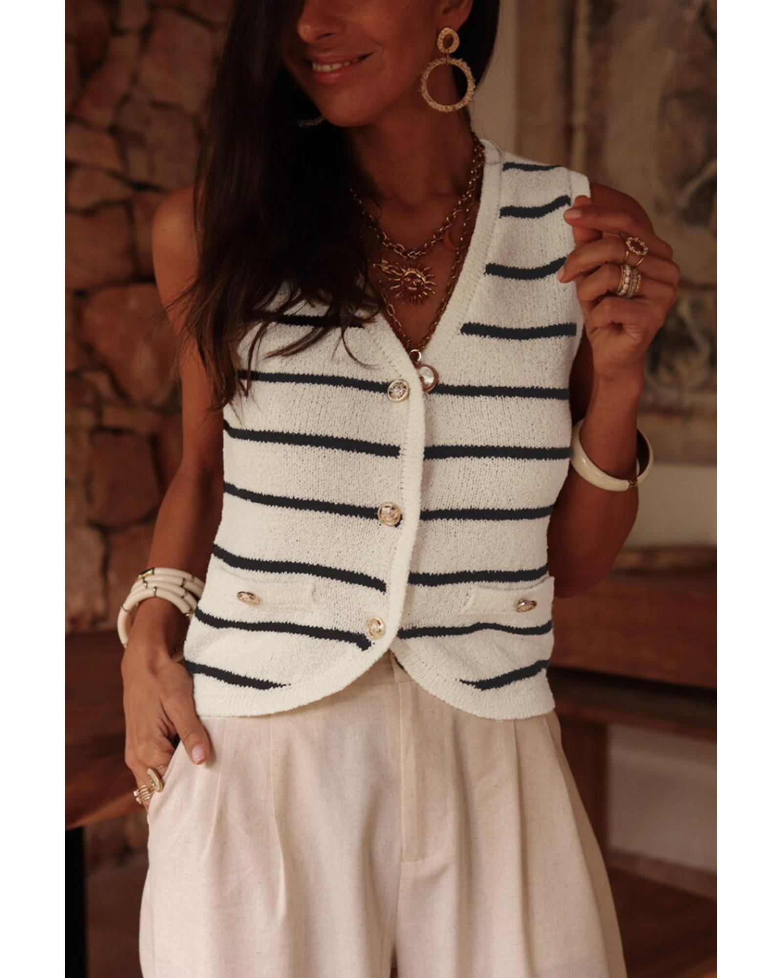 Black Stripe Buttoned V Neck Slim Fit Sweater Vest - M