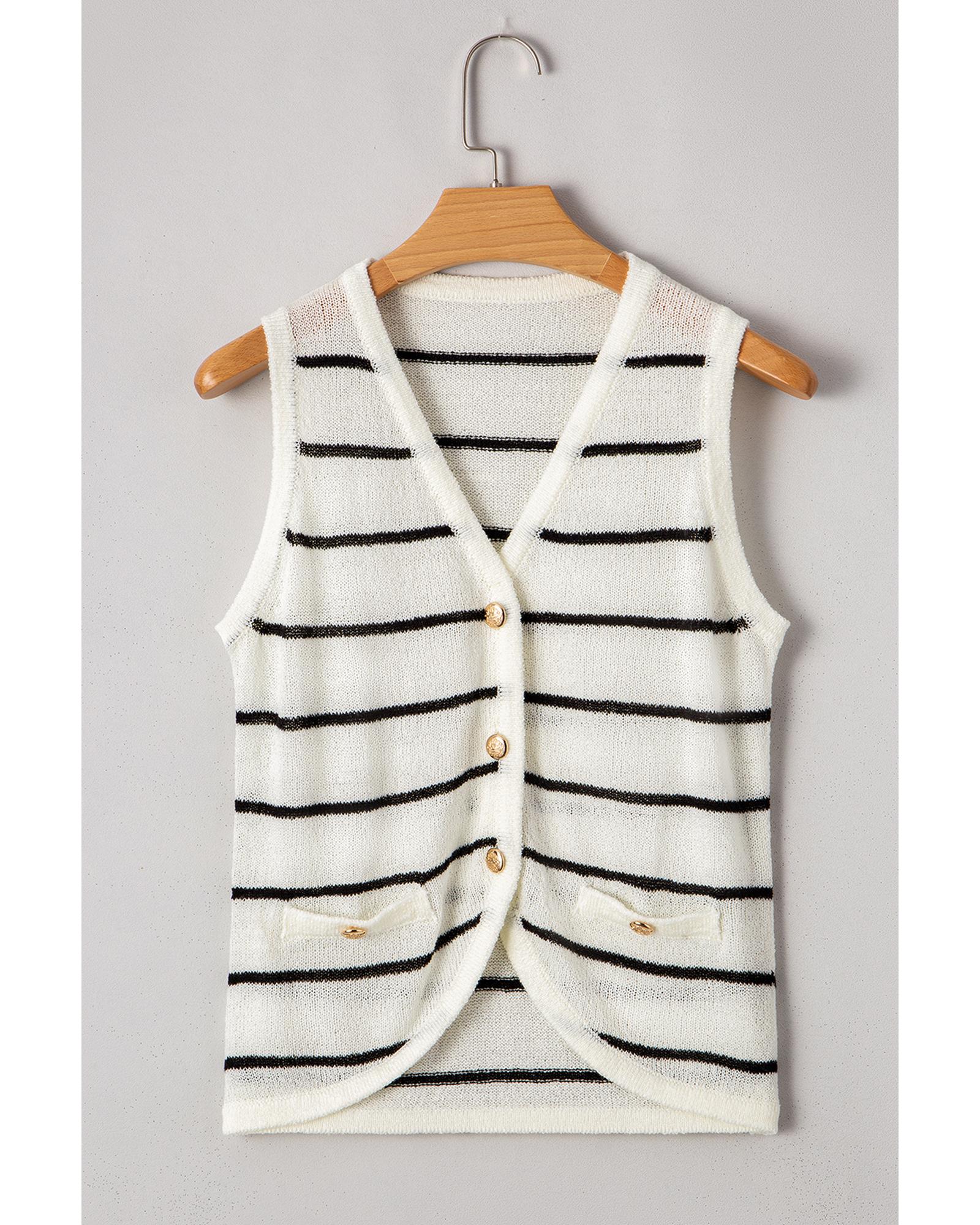 Black Stripe Buttoned V Neck Slim Fit Sweater Vest - M