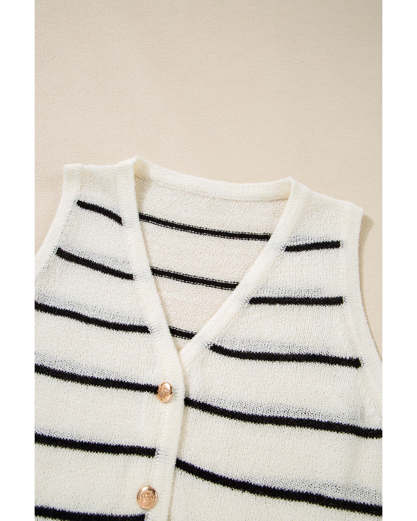 Black Stripe Buttoned V Neck Slim Fit Sweater Vest - M