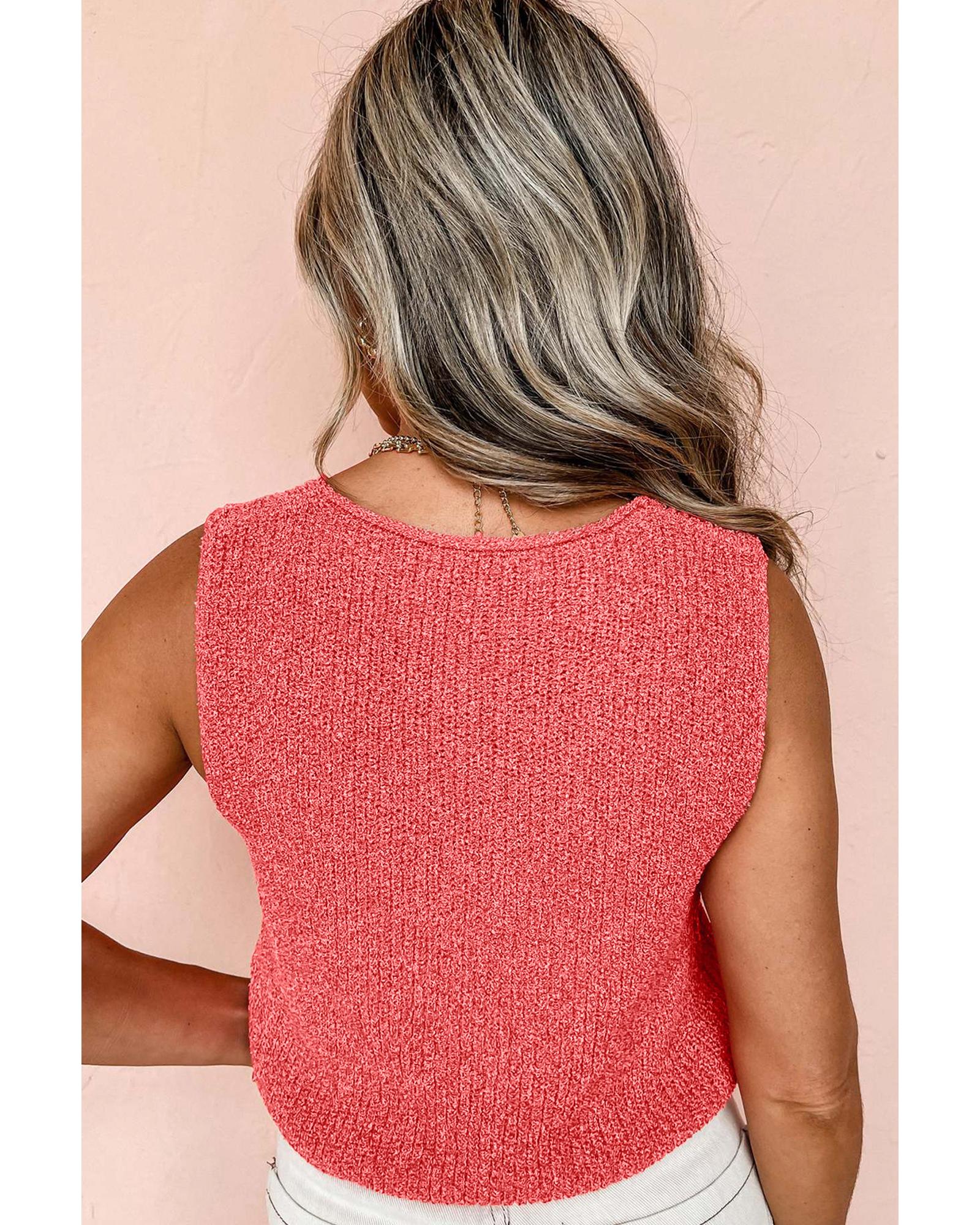 Tomato Red Lace-up Front V Neck Sweater Vest - S