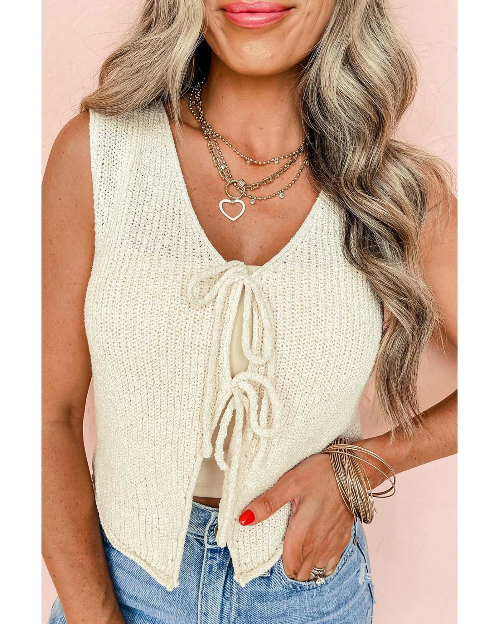 Beige Lace-up Front V Neck Sweater Vest - XL