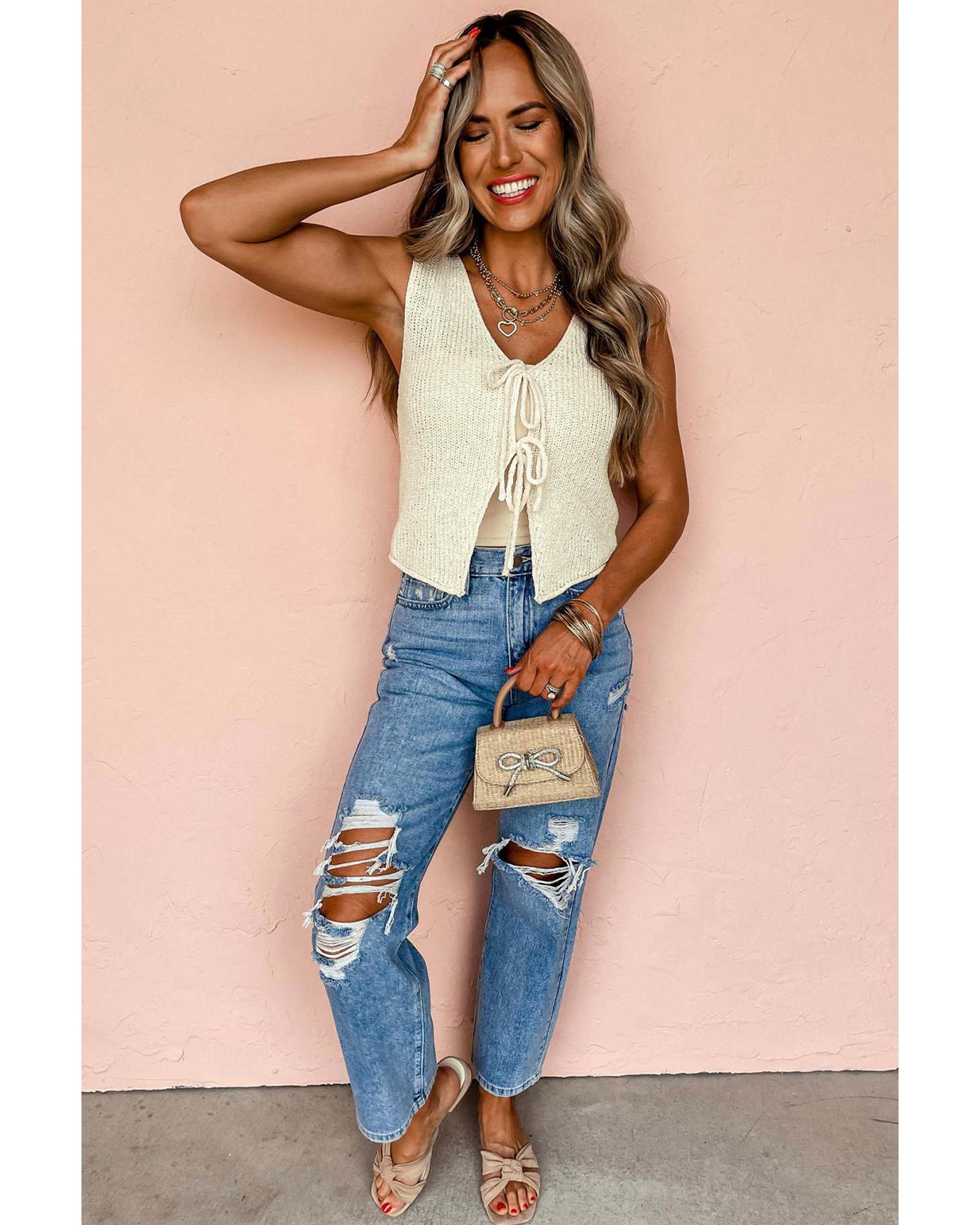 Beige Lace-up Front V Neck Sweater Vest - XL