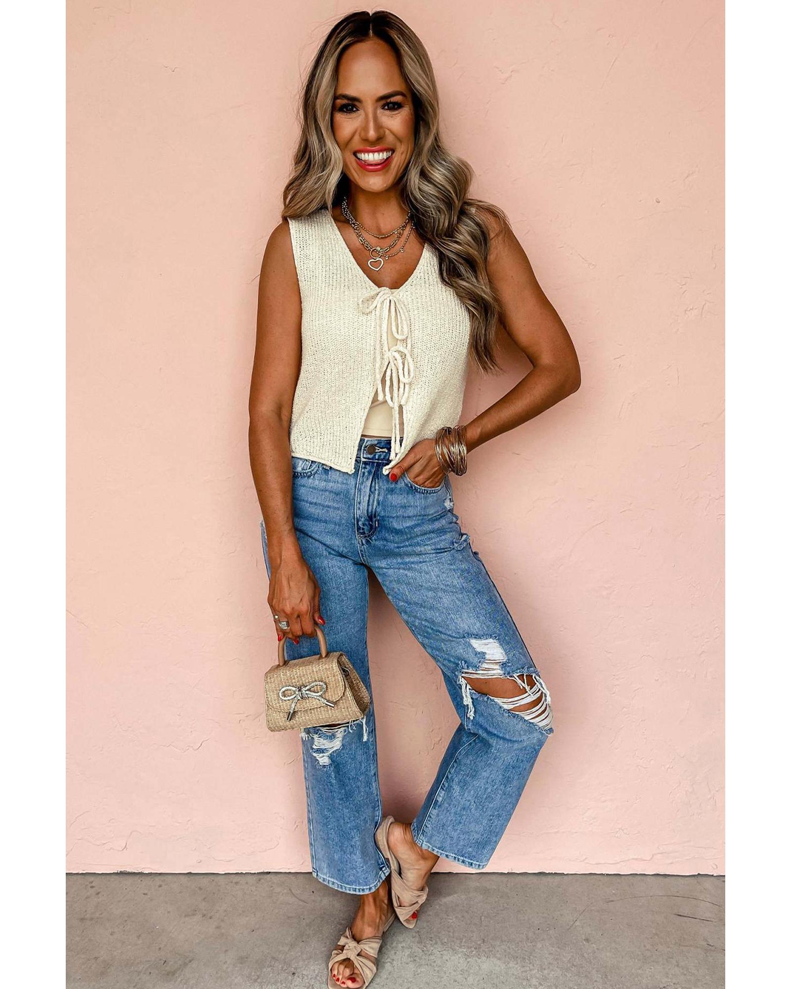 Beige Lace-up Front V Neck Sweater Vest - XL