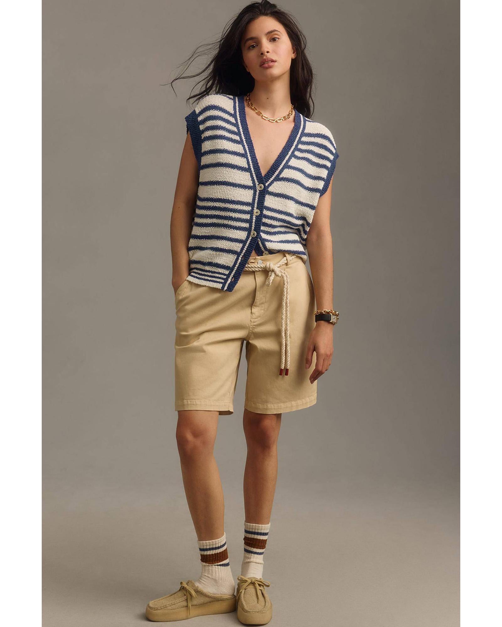 Blue Stripe Loose Buttoned V Neck Sweater Vest - L