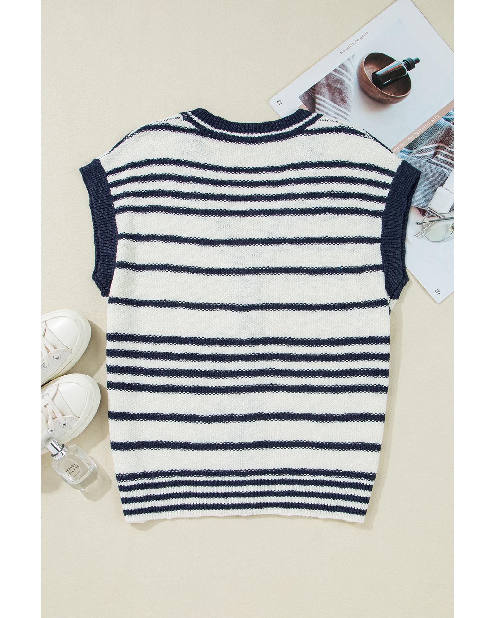 Blue Stripe Loose Buttoned V Neck Sweater Vest - L