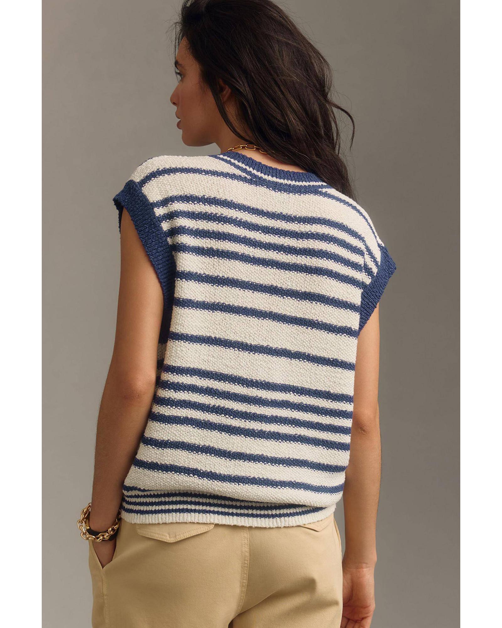 Blue Stripe Loose Buttoned V Neck Sweater Vest - M
