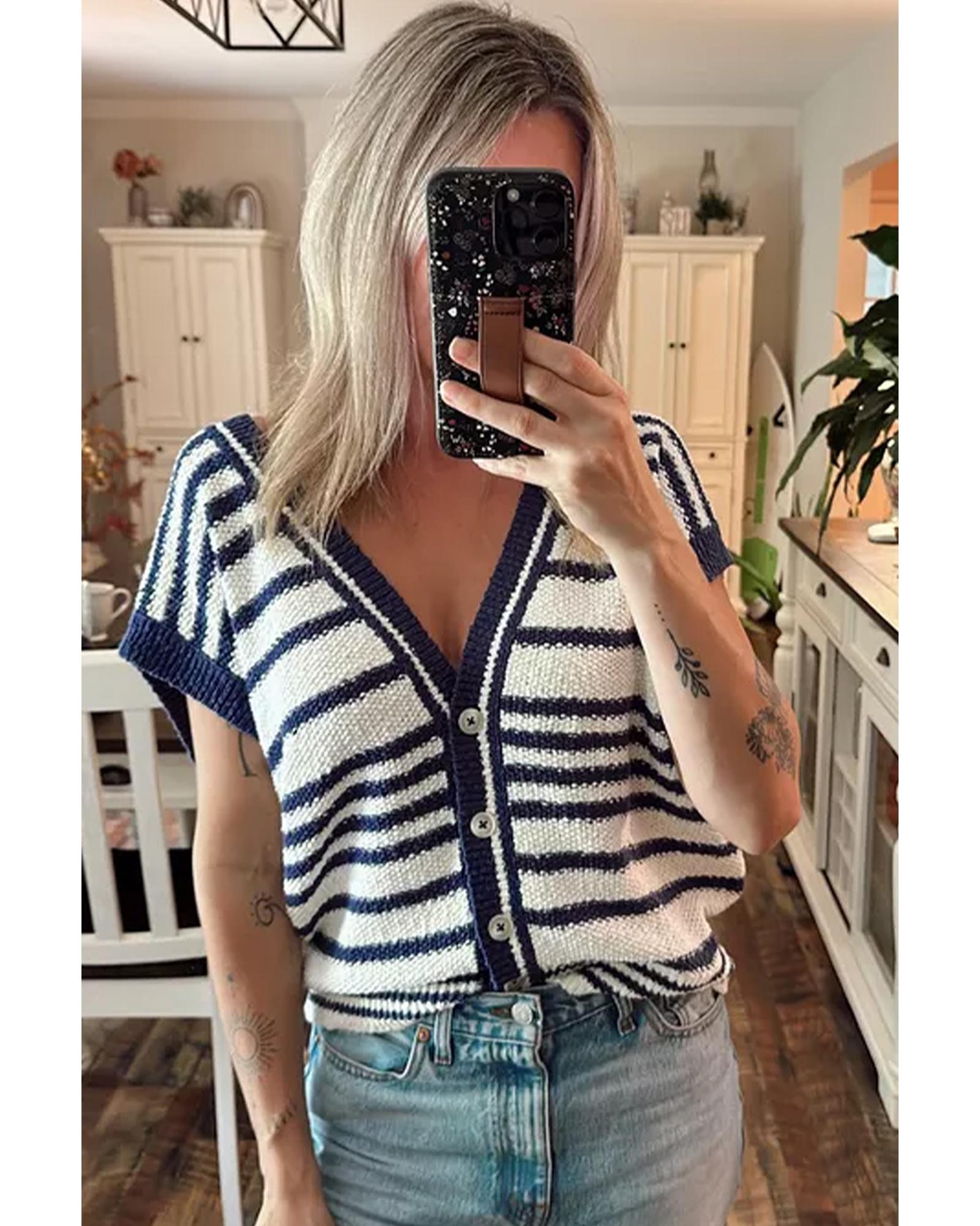 Blue Stripe Loose Buttoned V Neck Sweater Vest - M
