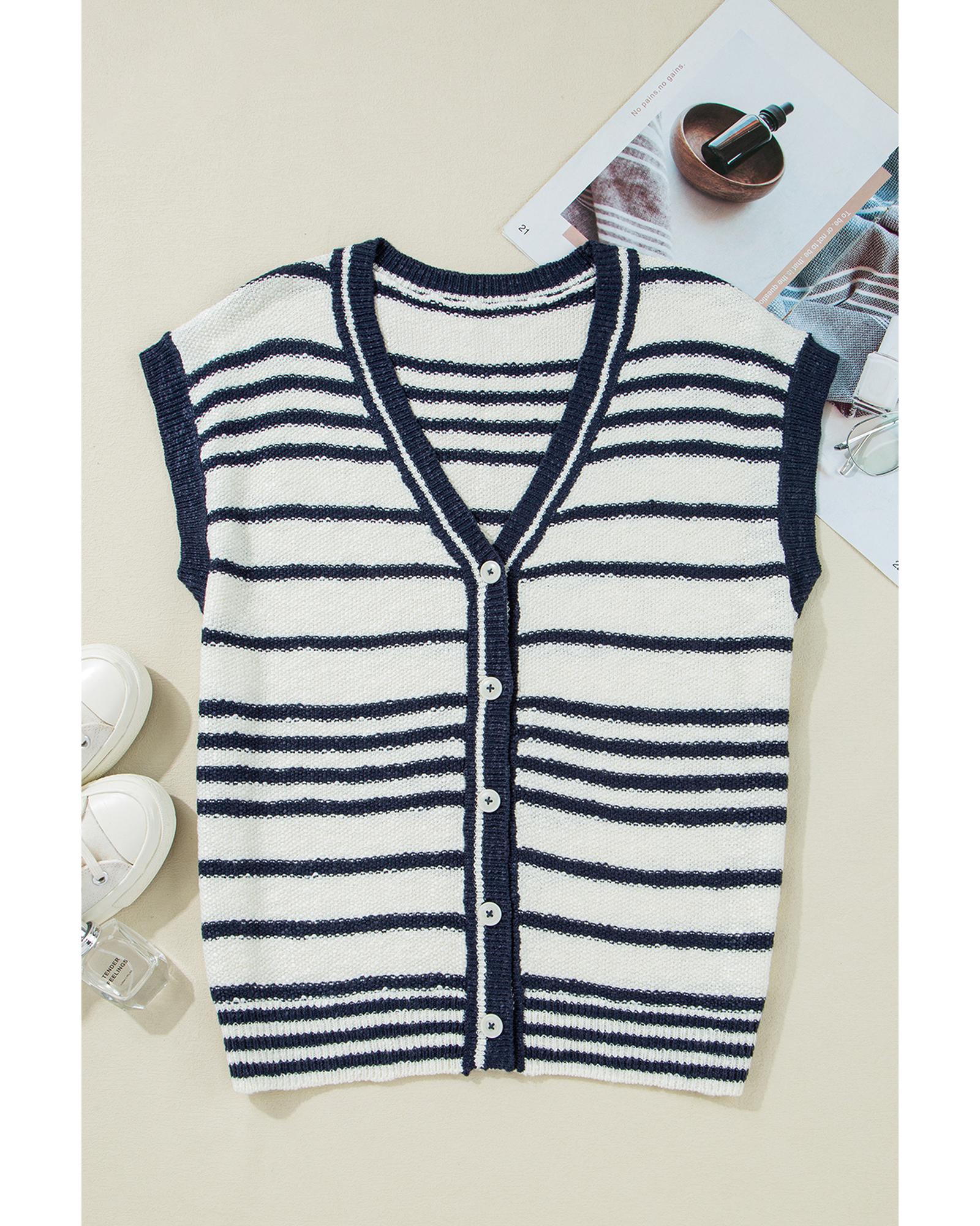 Blue Stripe Loose Buttoned V Neck Sweater Vest - M