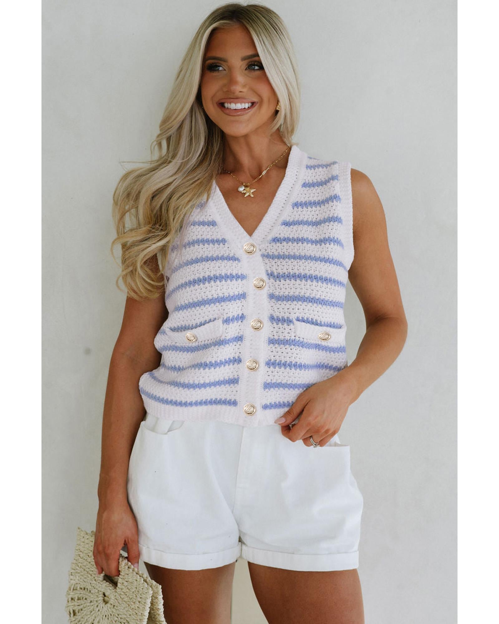 Sky Blue Stripe V Neck Gold Buttons Elegant Sweater Vest - M