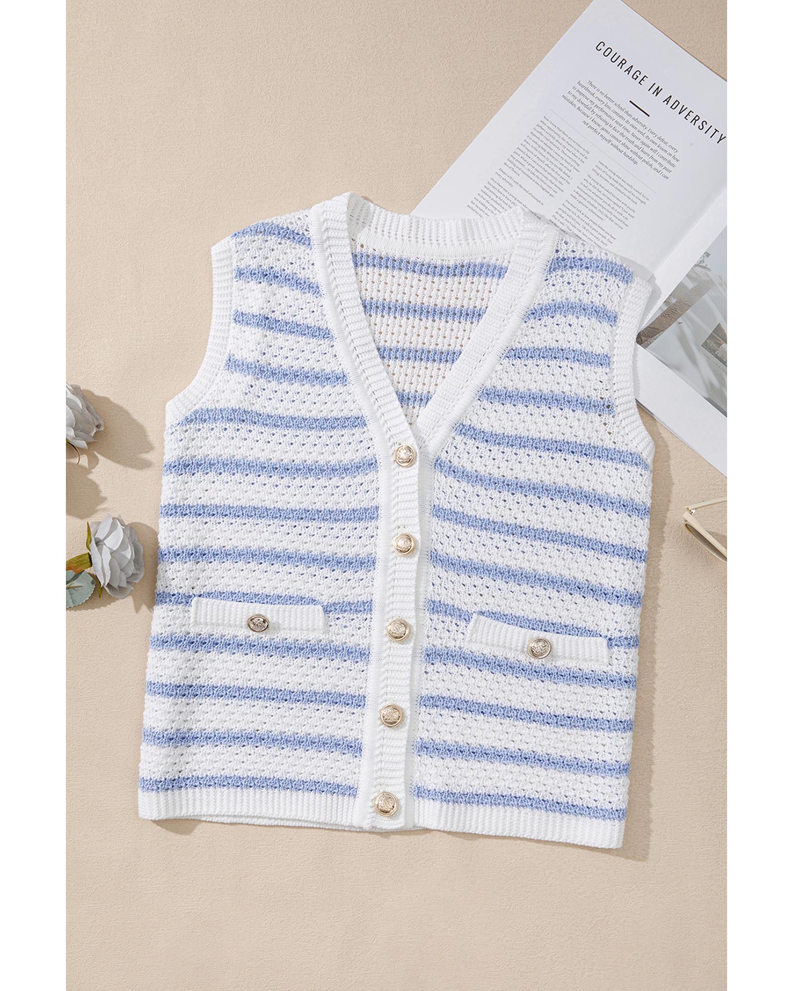 Sky Blue Stripe V Neck Gold Buttons Elegant Sweater Vest - M