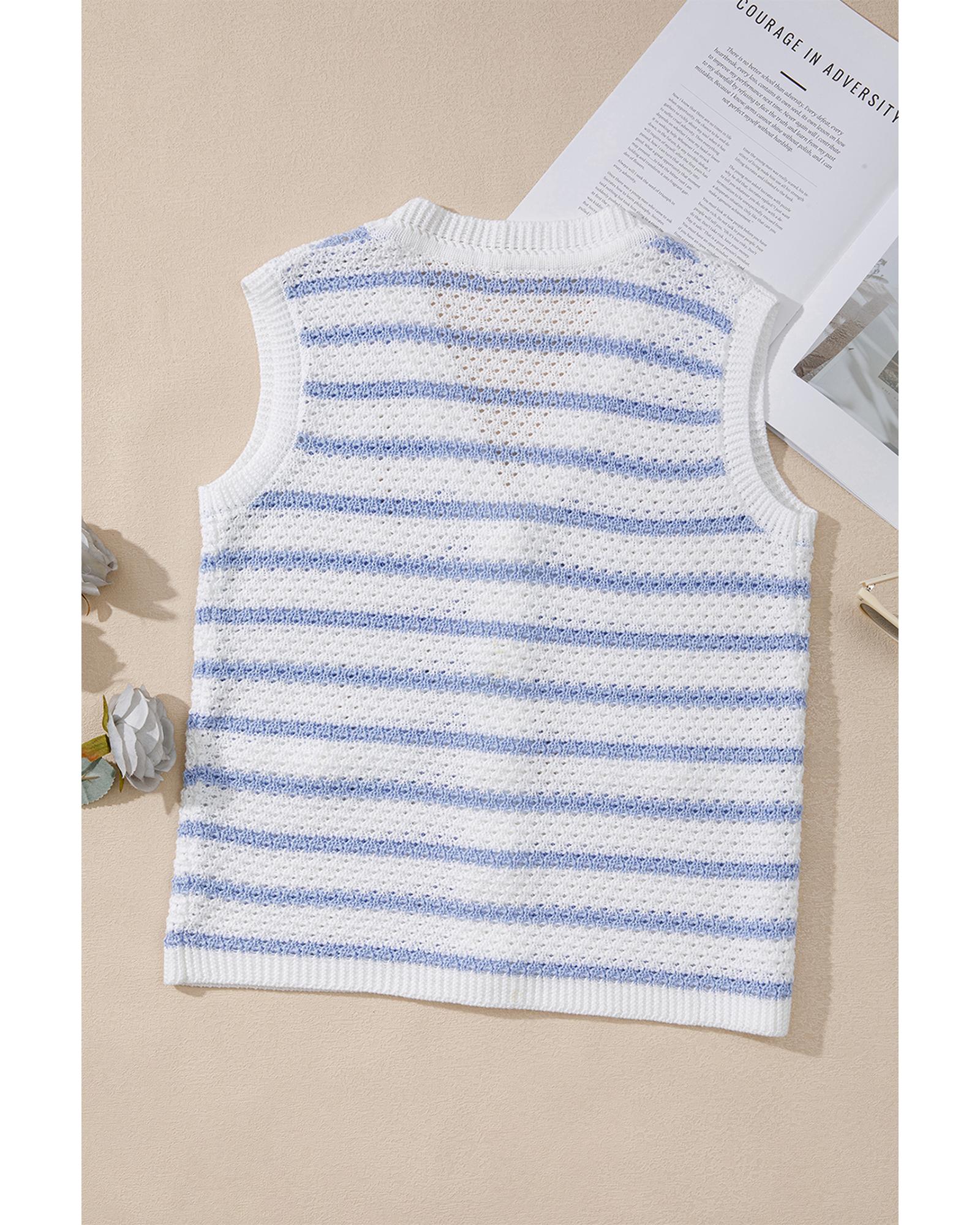 Sky Blue Stripe V Neck Gold Buttons Elegant Sweater Vest - M