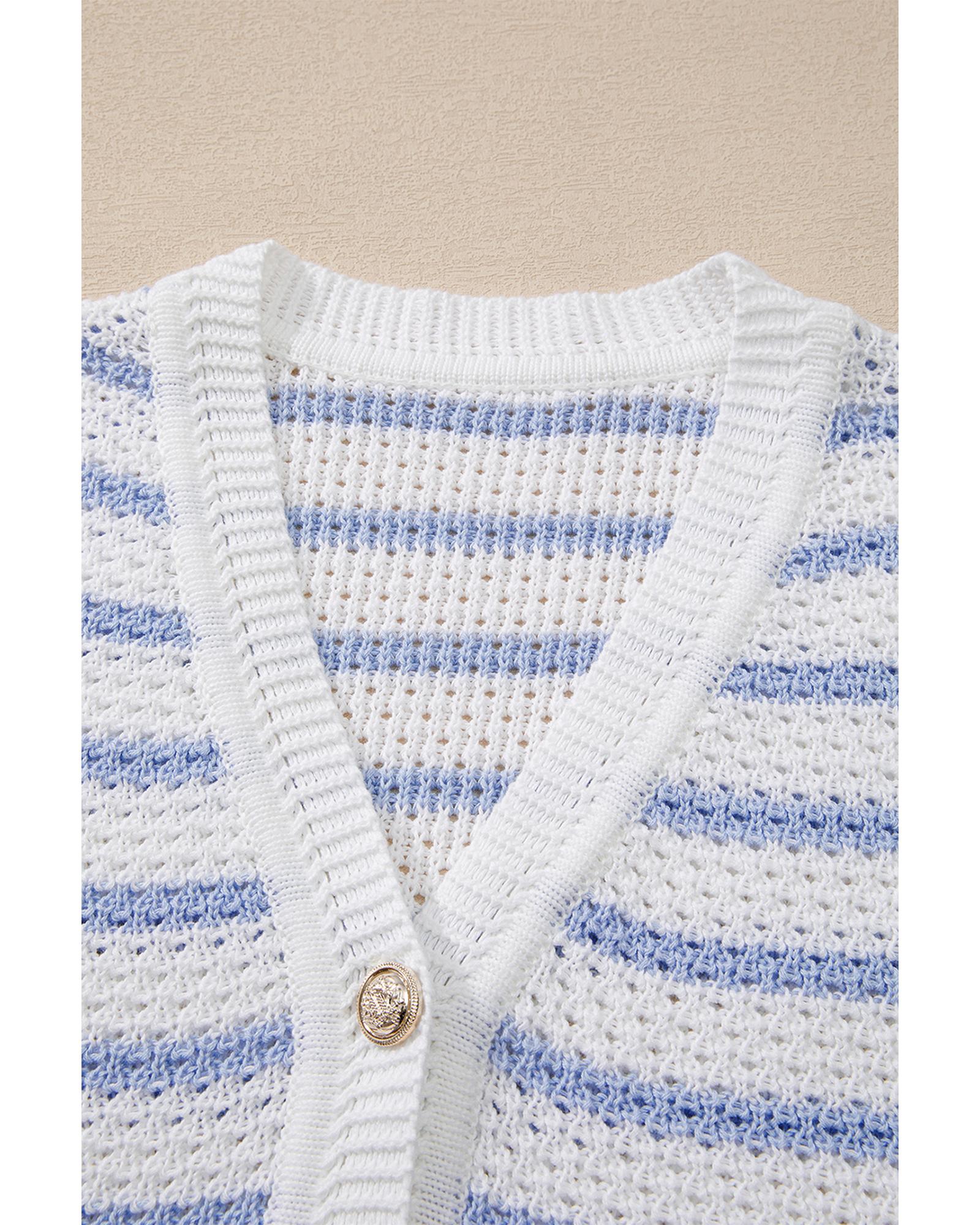 Sky Blue Stripe V Neck Gold Buttons Elegant Sweater Vest - M