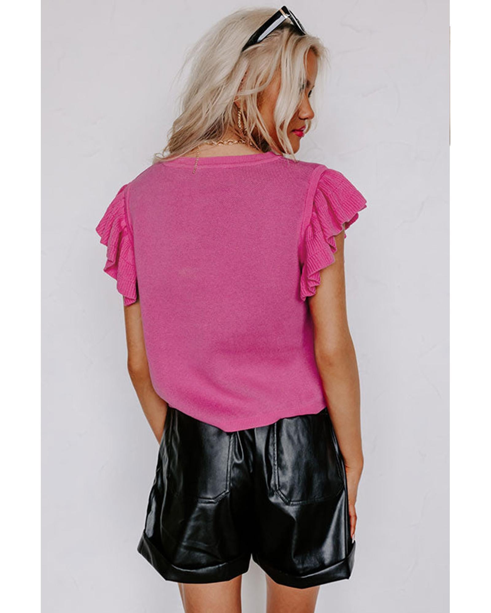 Pink Leopard Ruffled Sleeve Round Neck Knit Sweater - L