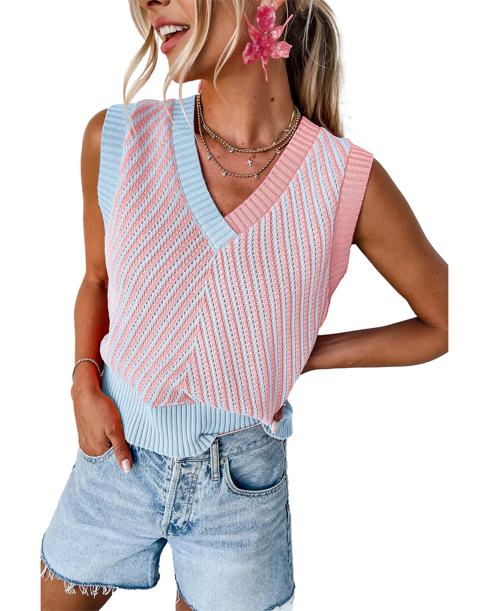 Light Pink Contrast Chevron Knit V Neck Sweater Vest - M